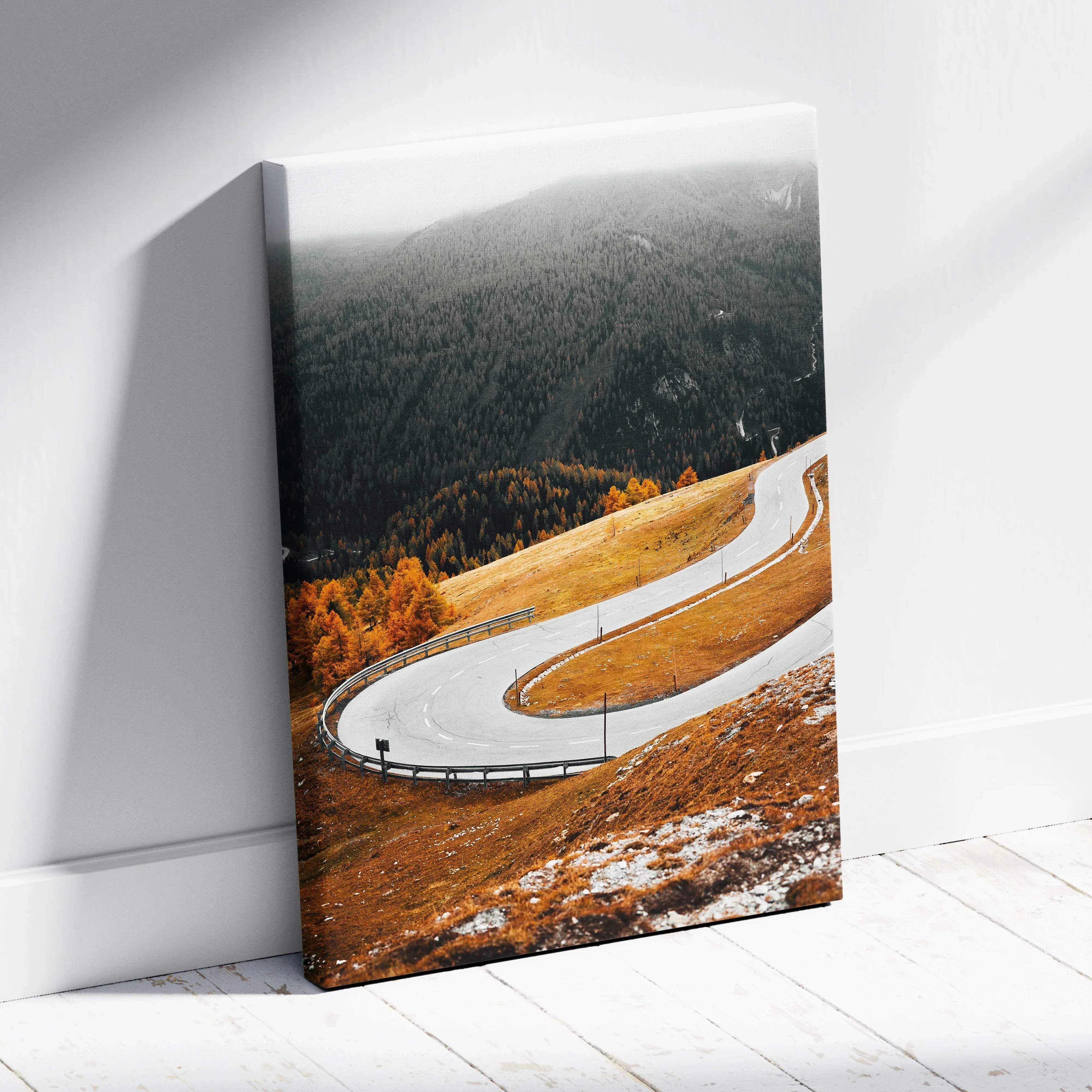 Rectangular canvas wall art of a winding mountain road with golden autumn foliage and misty peaks for peaceful decor