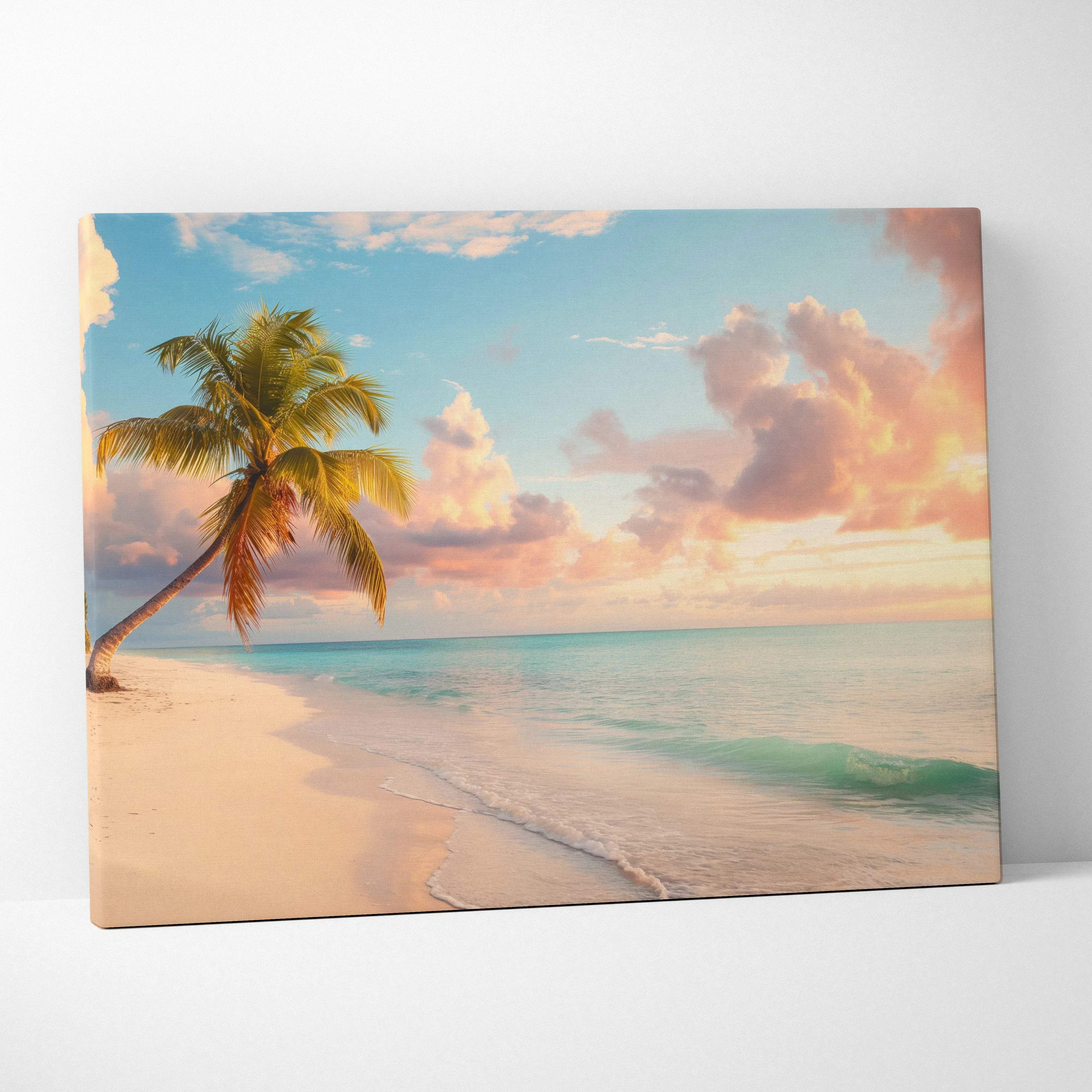 Beige canvas print featuring a tropical beach scene with a palm tree soft pastel skies and gentle ocean waves