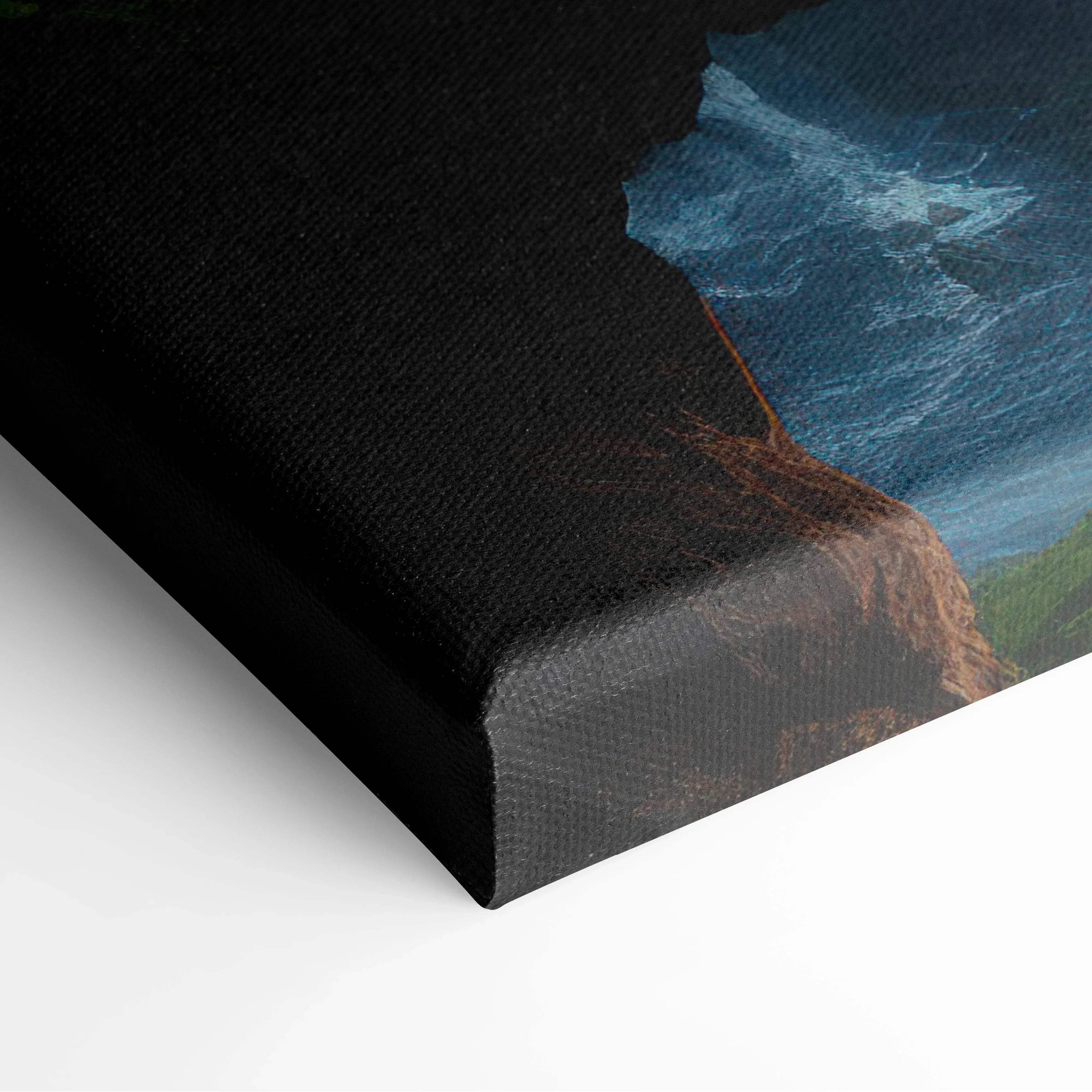Black canvas print of a rugged cliffside with turbulent blue ocean waves for fantasy enchanted misty forest wall art