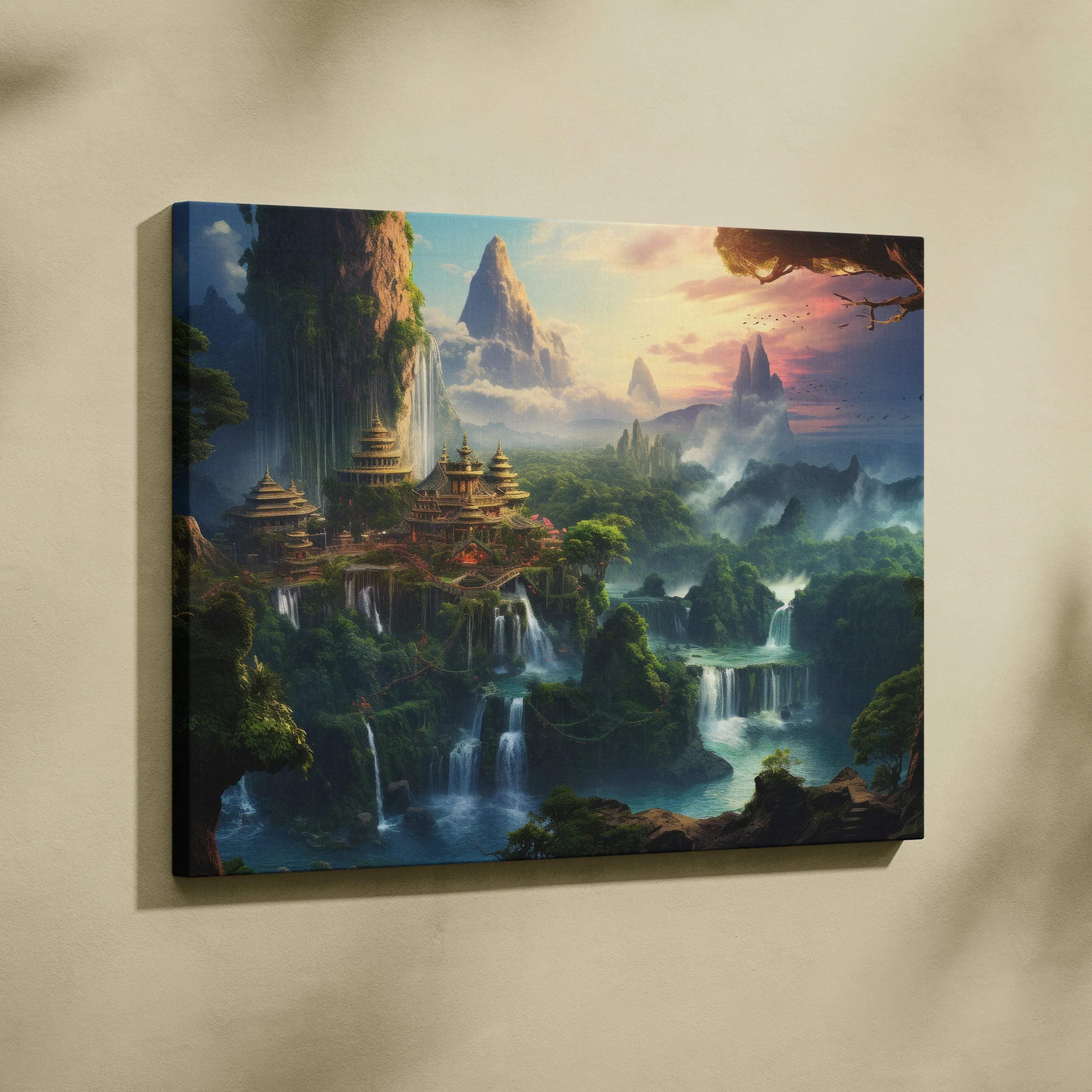 Fantasy enchanted misty forest canvas wall art featuring tiered golden temples with waterfalls and lush greenery at twilight