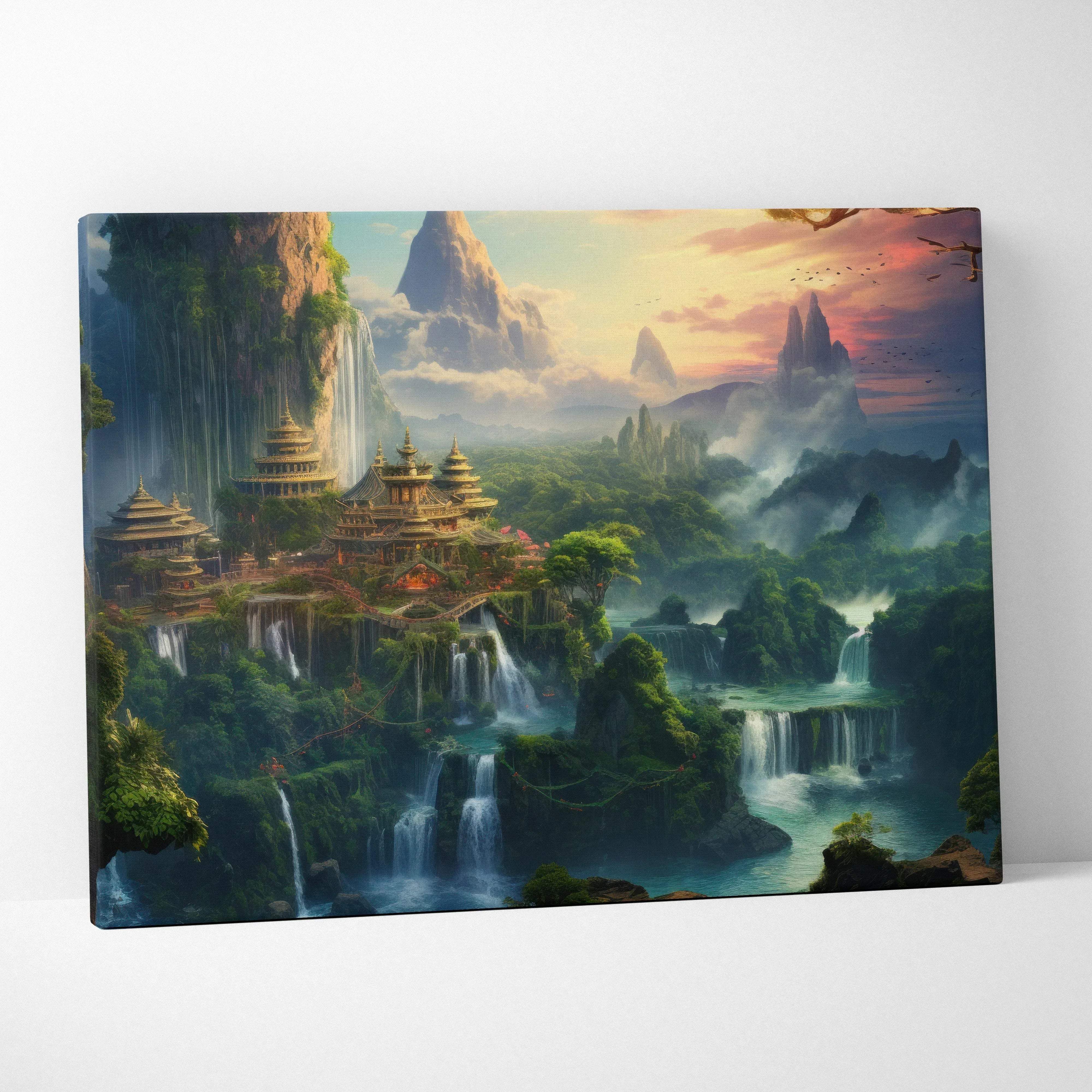 Rectangular canvas wall art featuring lush fantasy landscape with waterfalls and pagodas in misty twilight colors