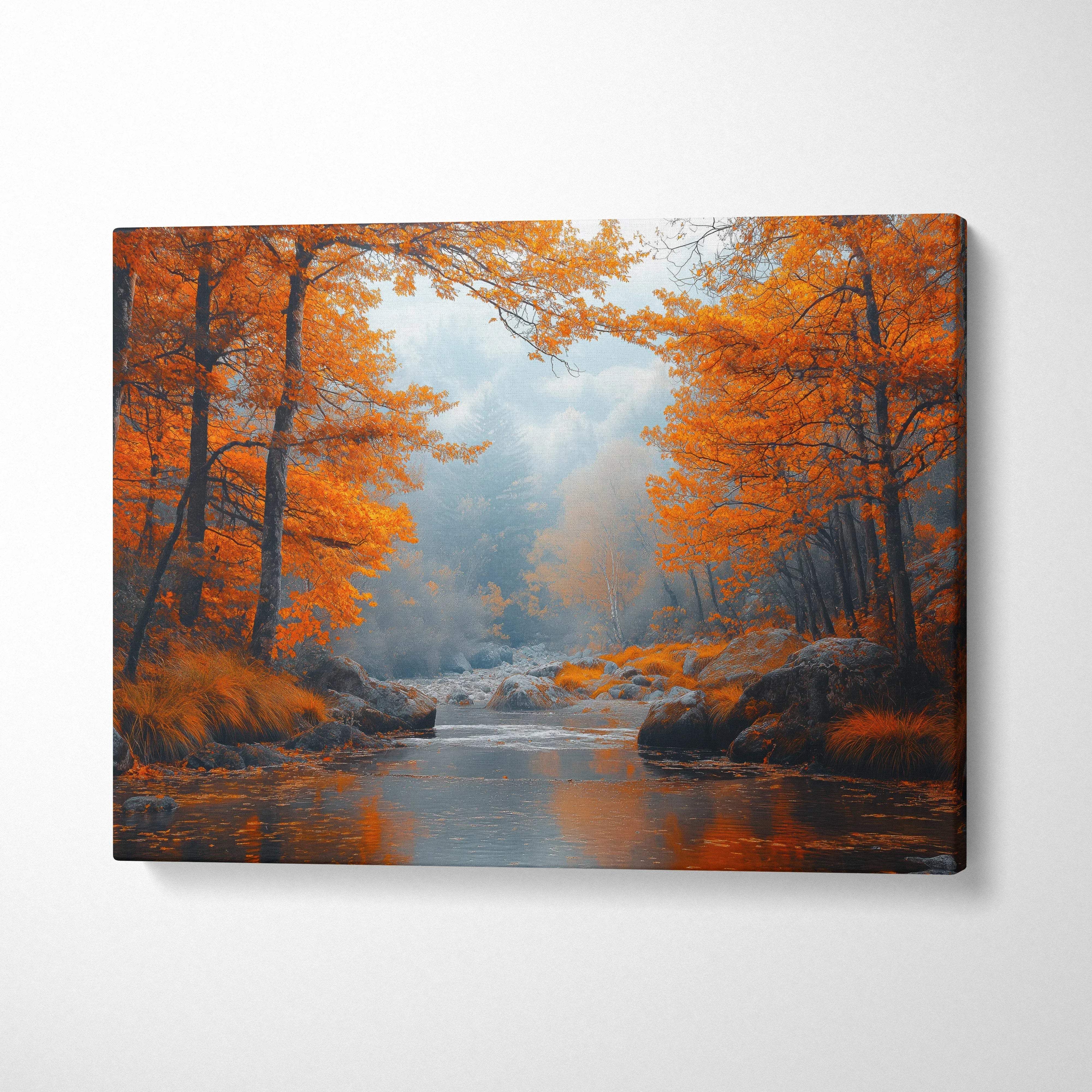 Autumn forest canvas art with vibrant orange leaves and serene river wall art.