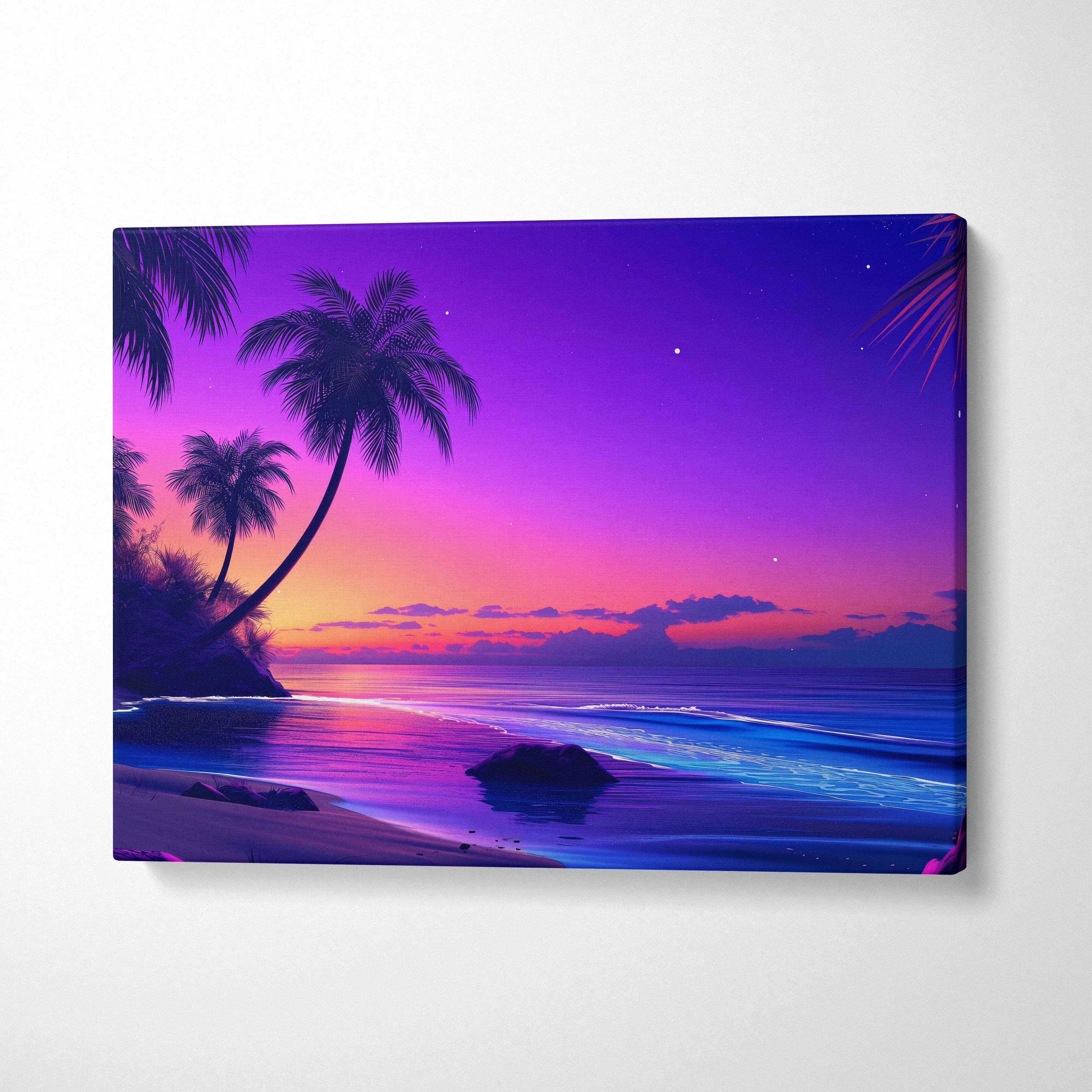 Vibrant neon purple pink sunset beach canvas print with silhouetted palm trees