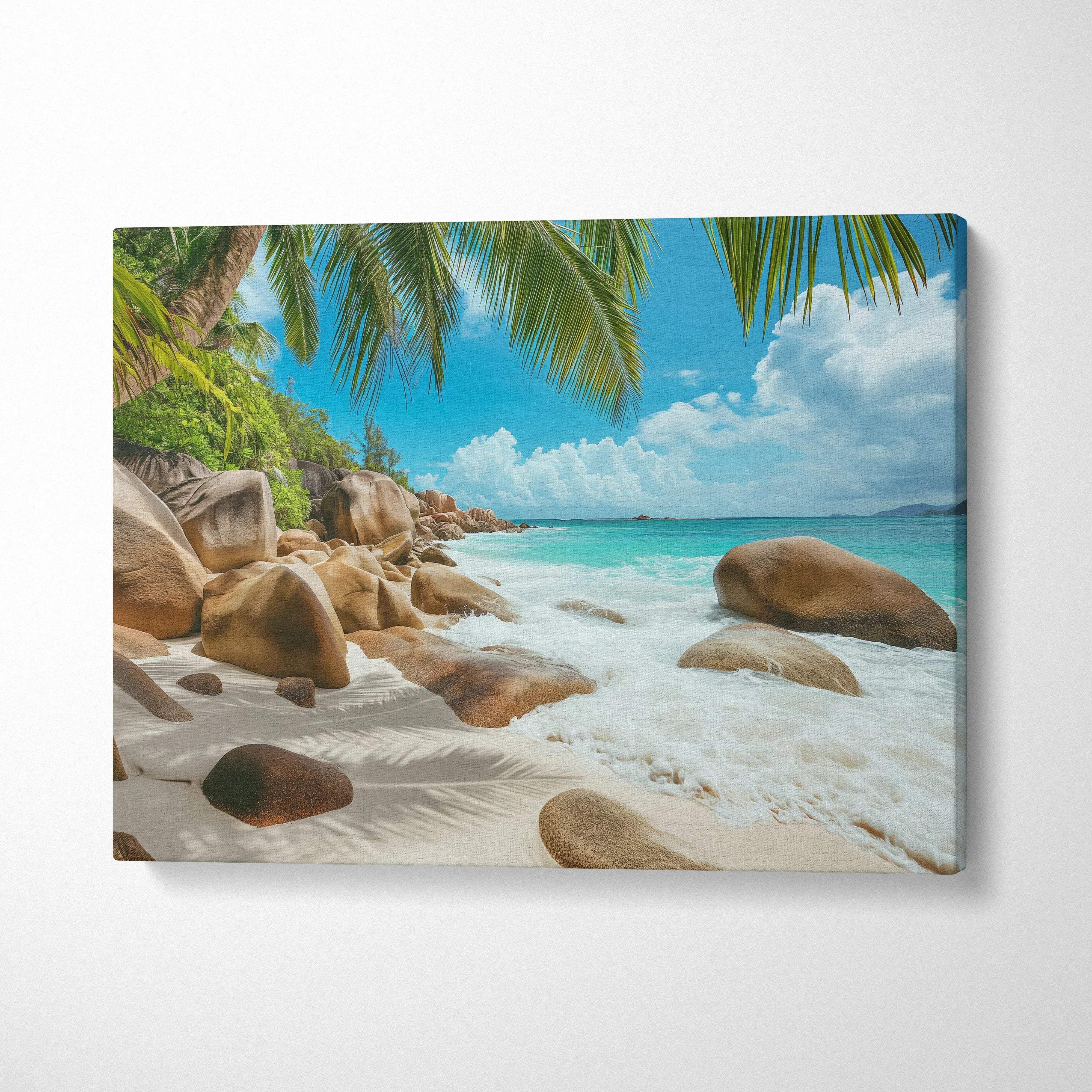 Beige canvas print of Seychelles tropical beach with turquoise water, palms, rocks