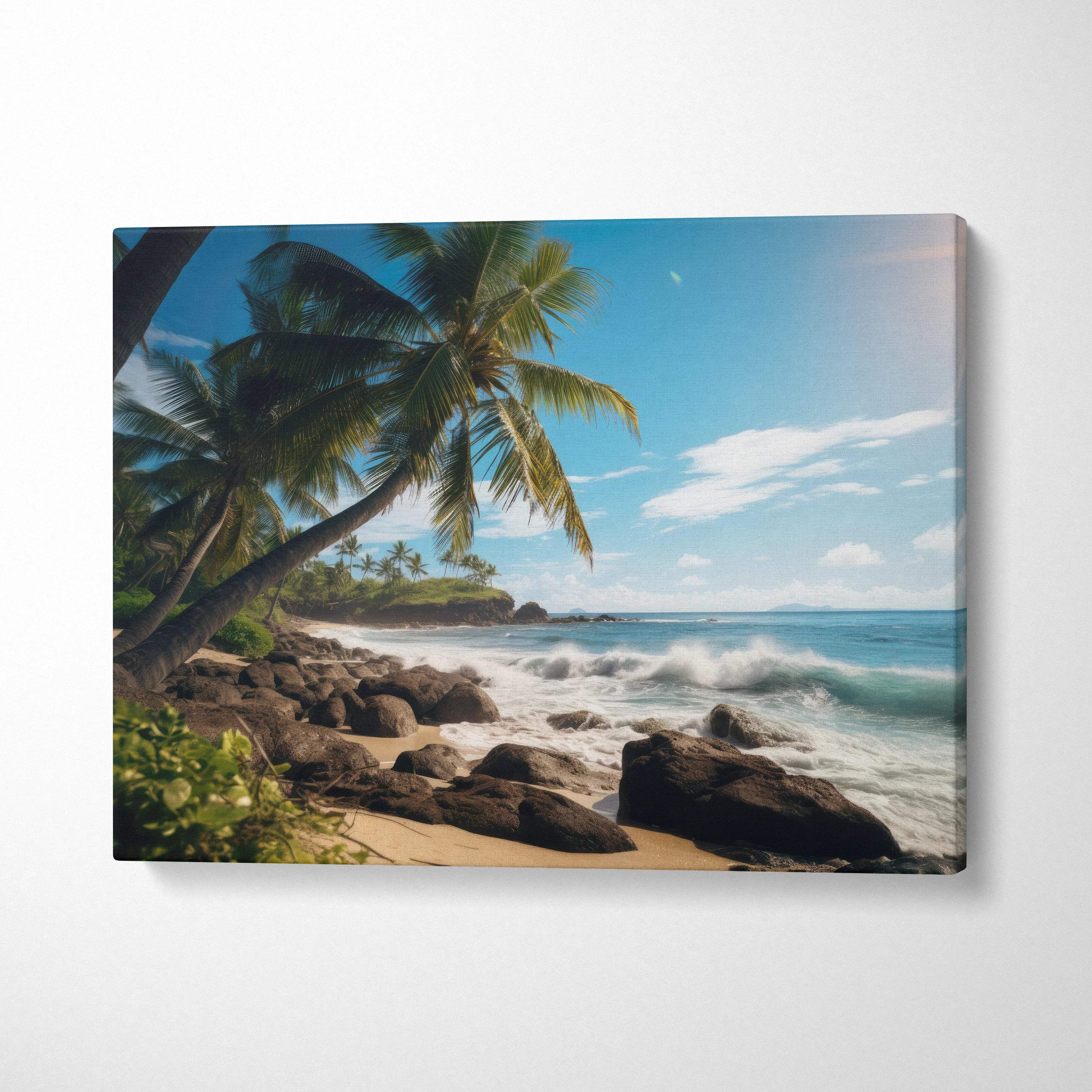 Canvas wall art of tropical beach with palm trees, turquoise waves on rocks