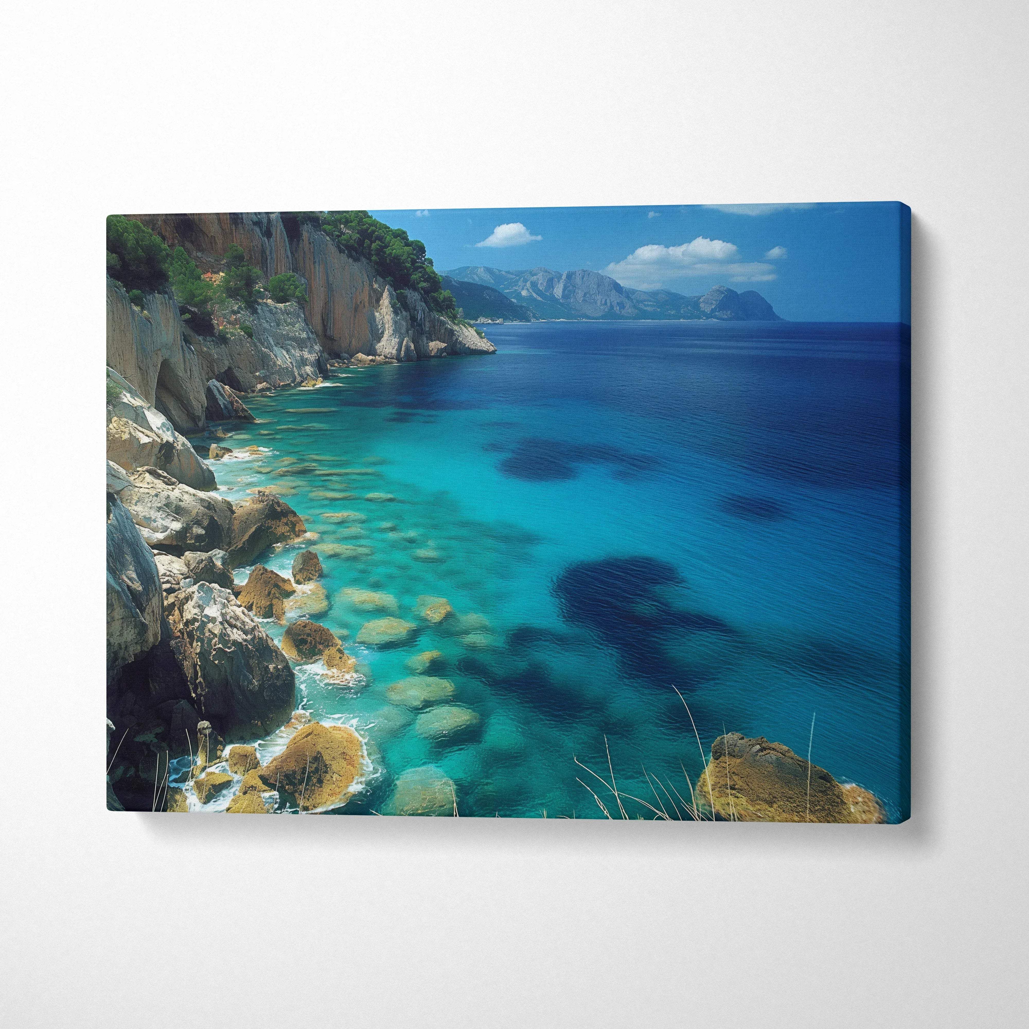 Canvas wall art of sunlit beach, turquoise ocean, cliffs and mountains