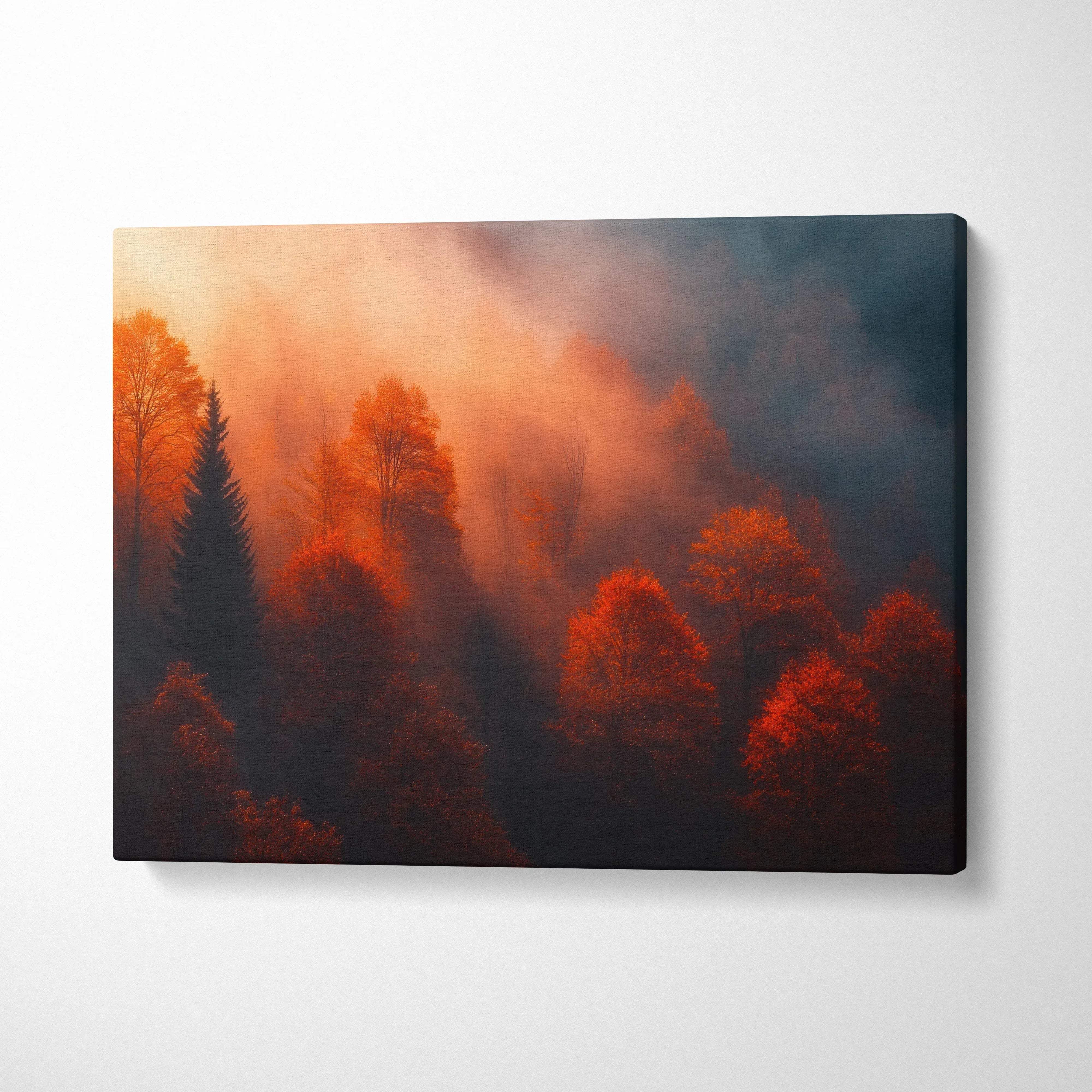Canvas wall art featuring vibrant autumn sunset over golden fall trees in misty forest scene.