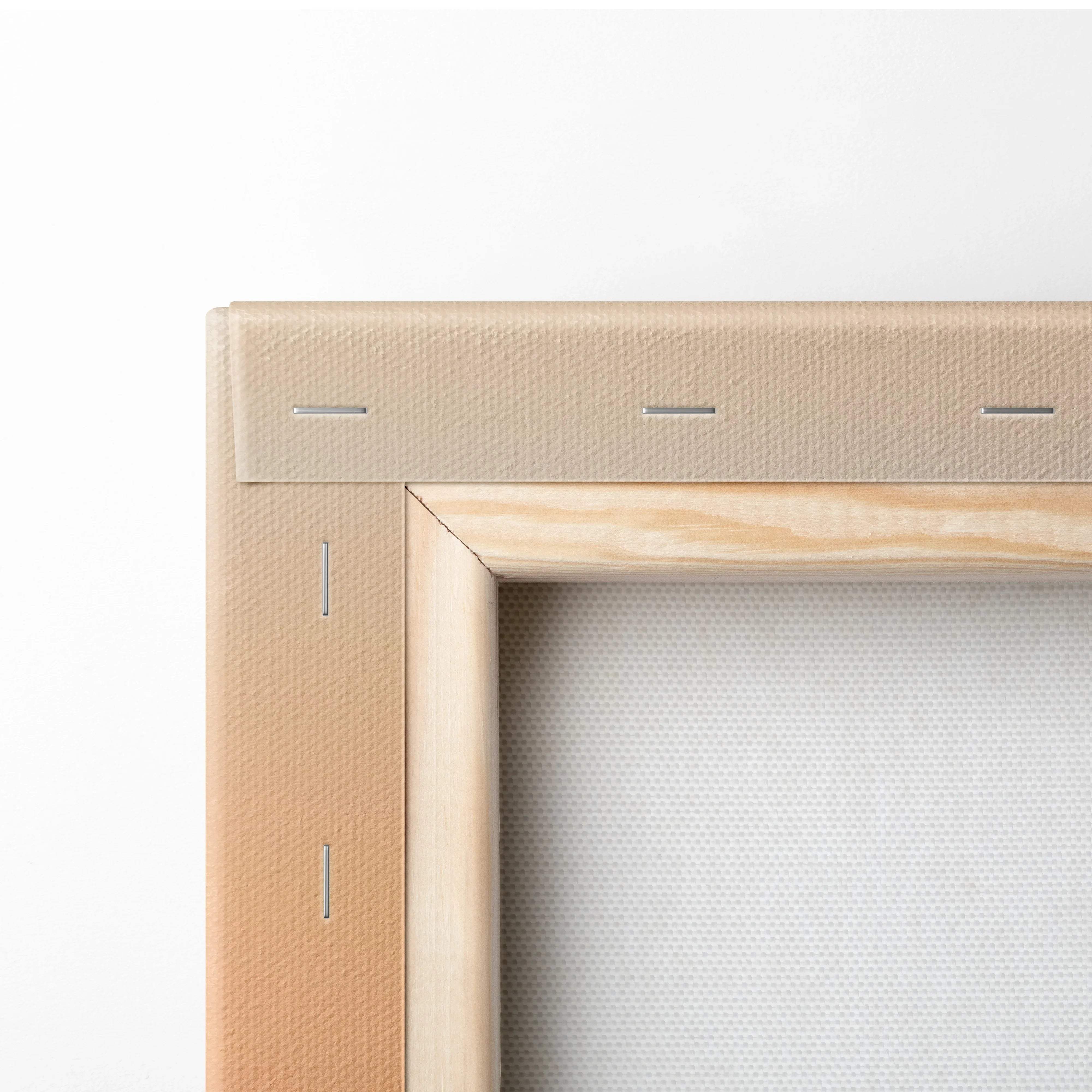 Beige canvas frame with light wood border, minimal mountain sunset art