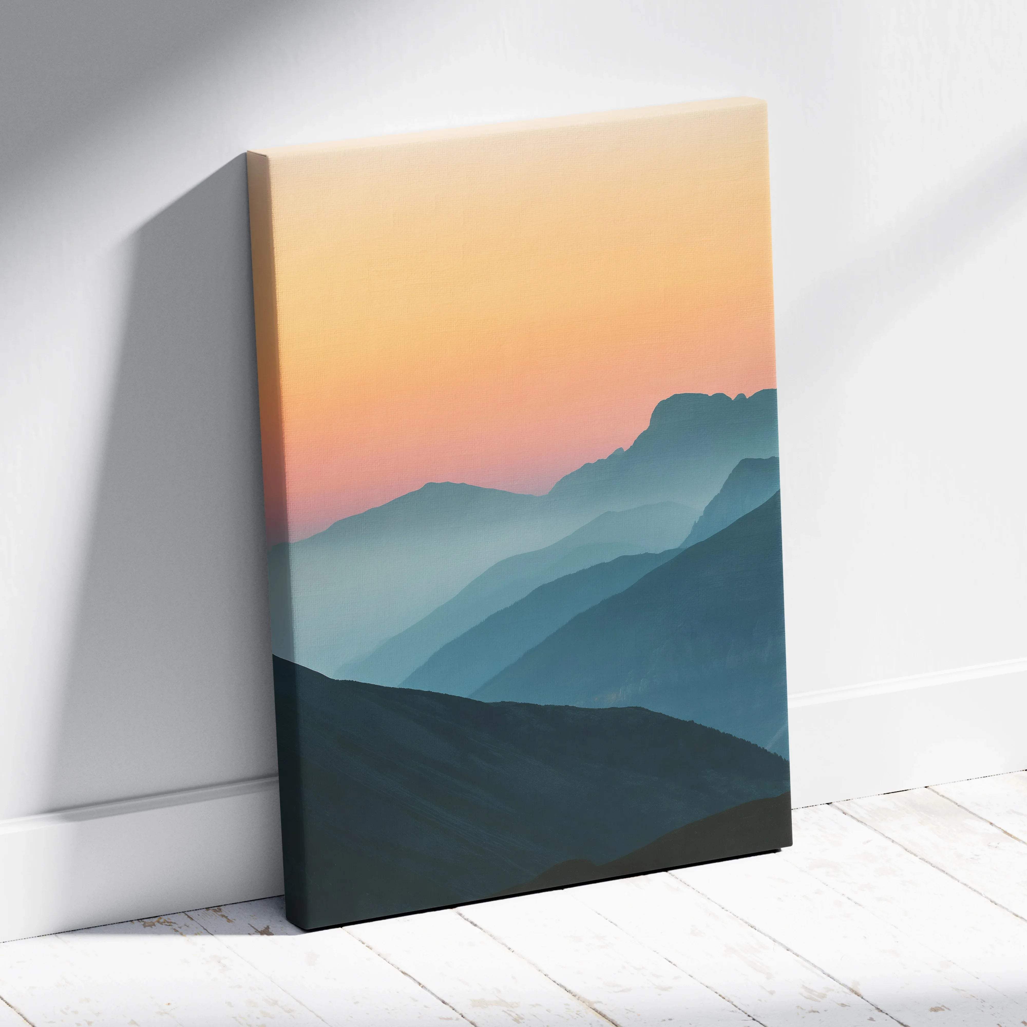 Canvas wall art of minimal mountain sunset peaks over layered blues peach sky