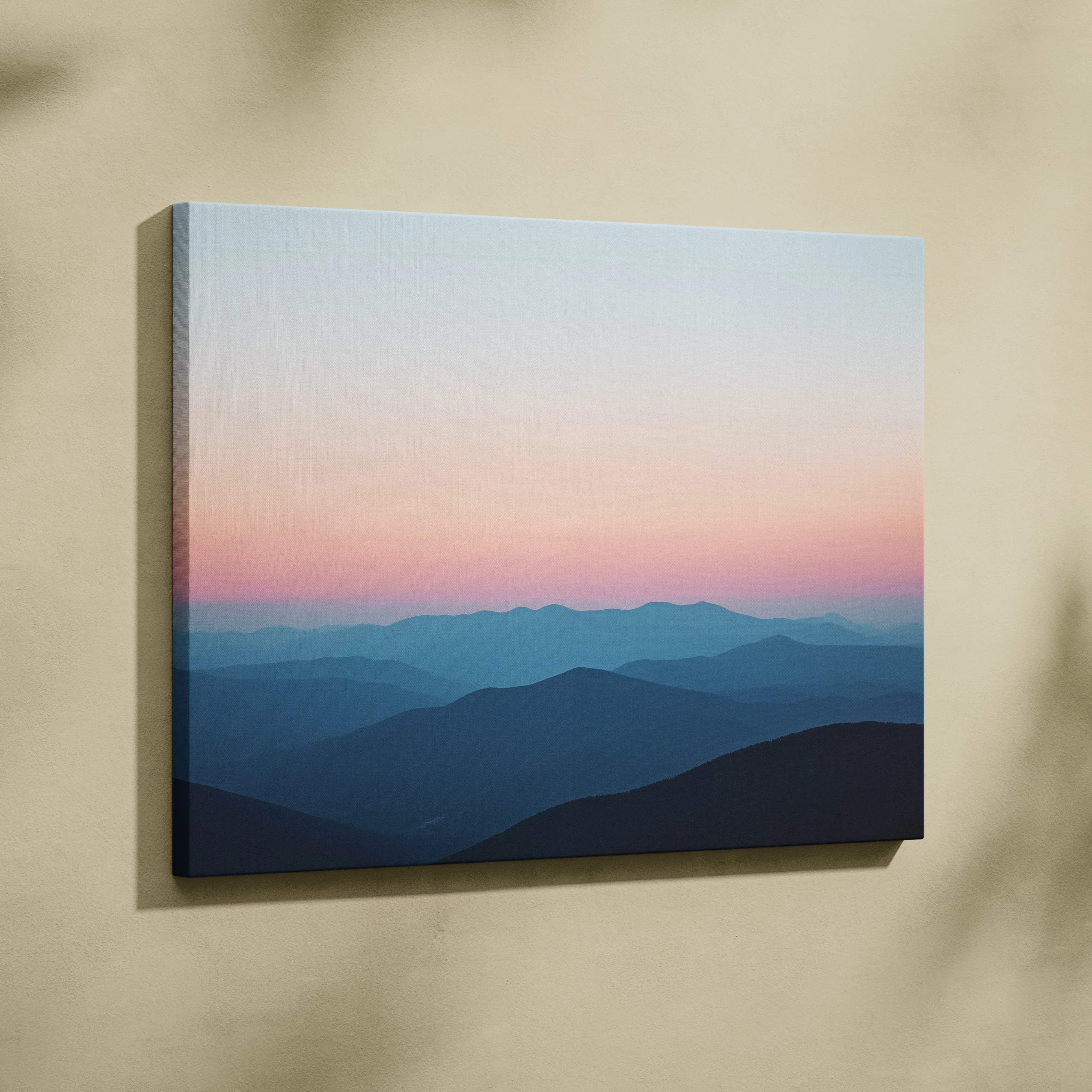 Canvas print of serene mountain landscape at dusk with pink blue gradient sky