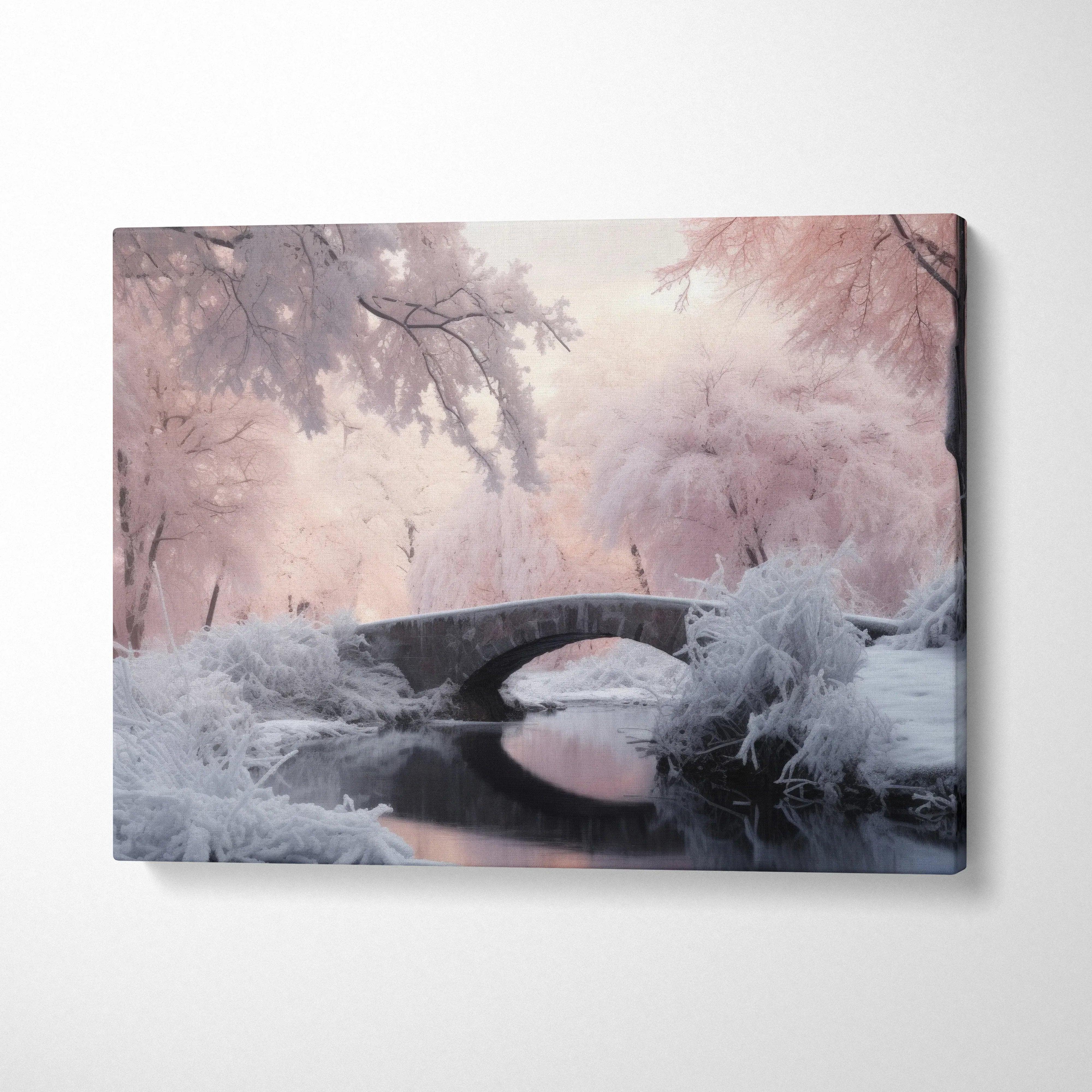 Canvas print of romantic winter cherry blossom landscape with frosty pink sky