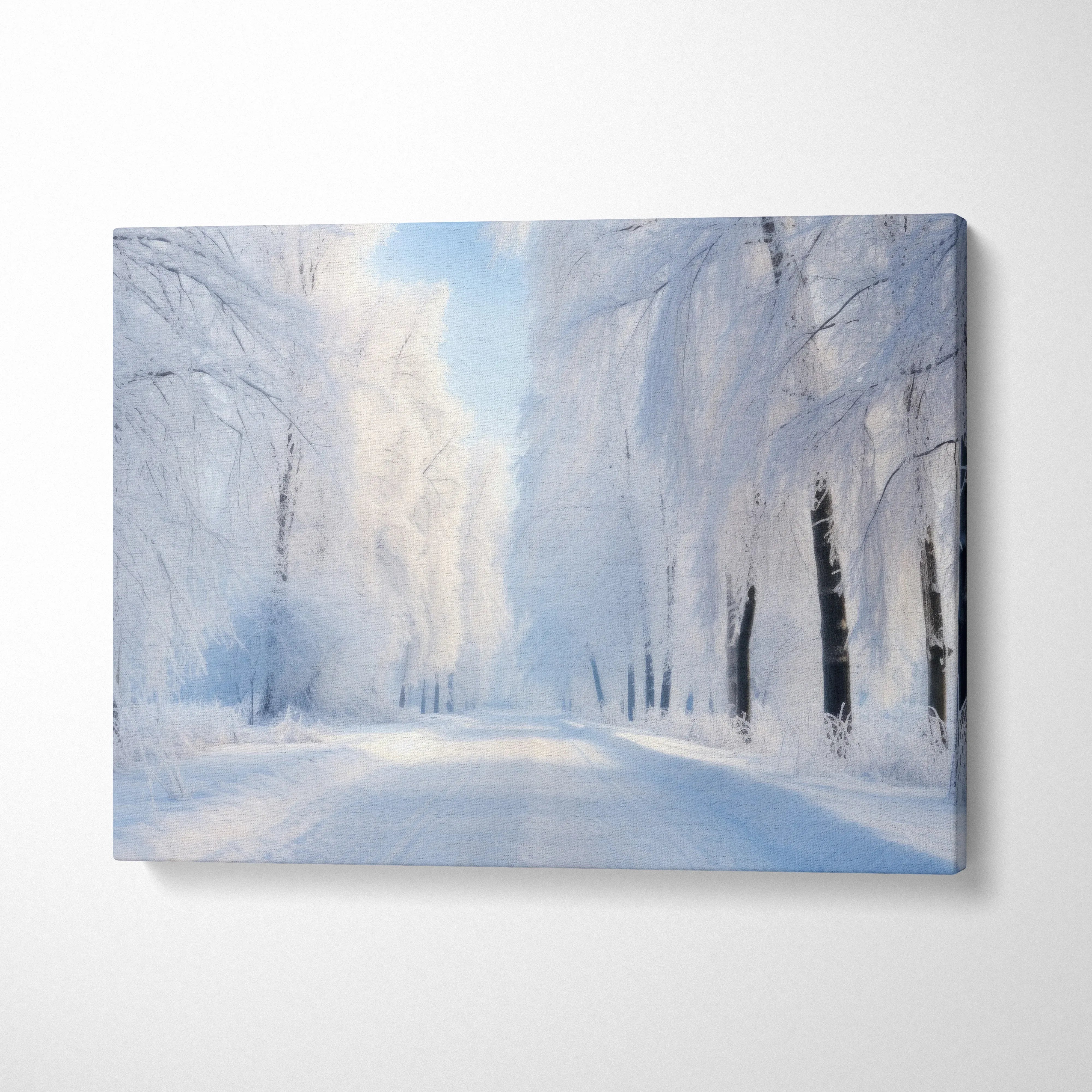 Winter canvas art featuring a snow-covered road flanked by tall, frosted trees under a soft blue sky.