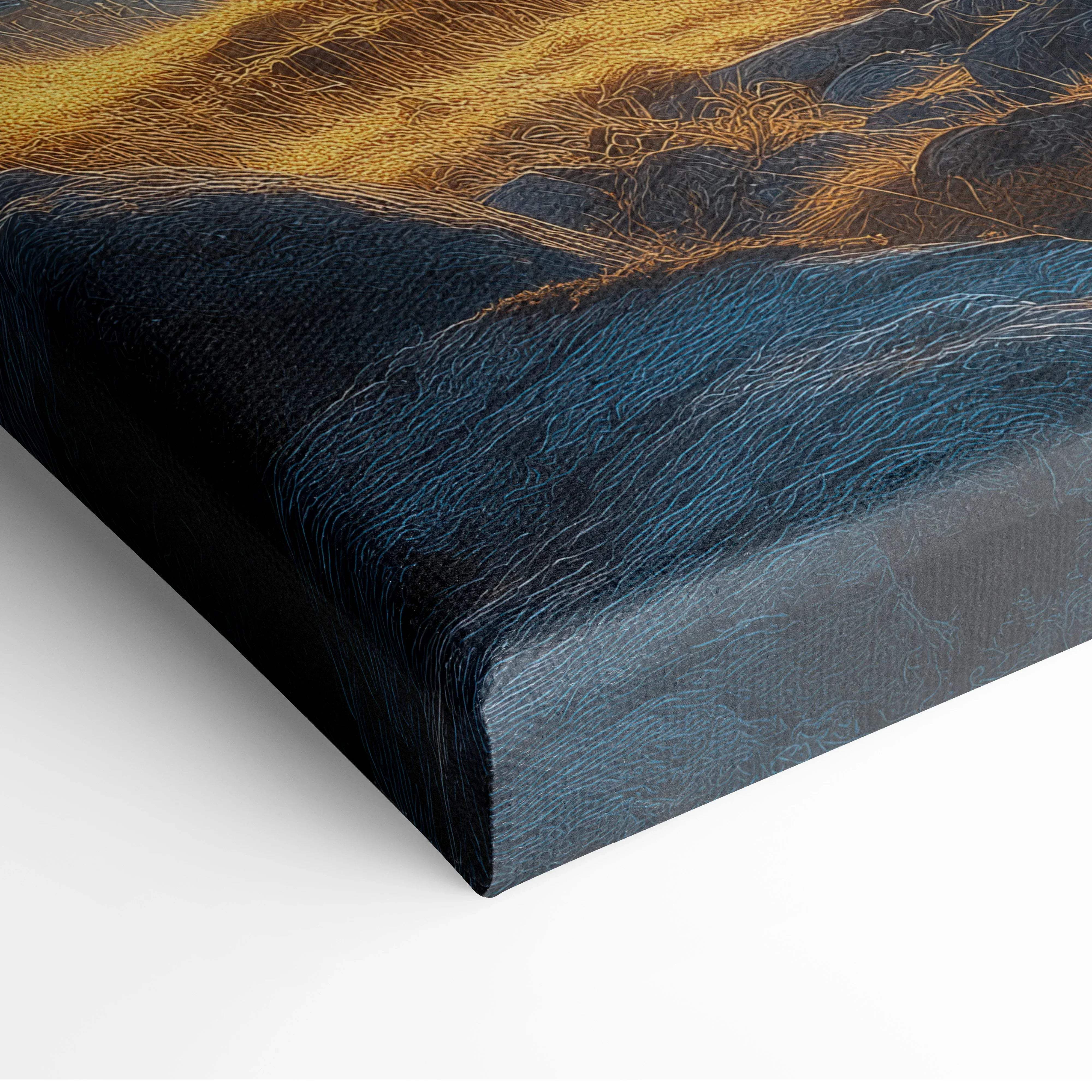 Autumn landscape canvas wall art with textured golden yellow and deep navy blue brushstrokes of mountain valley trees