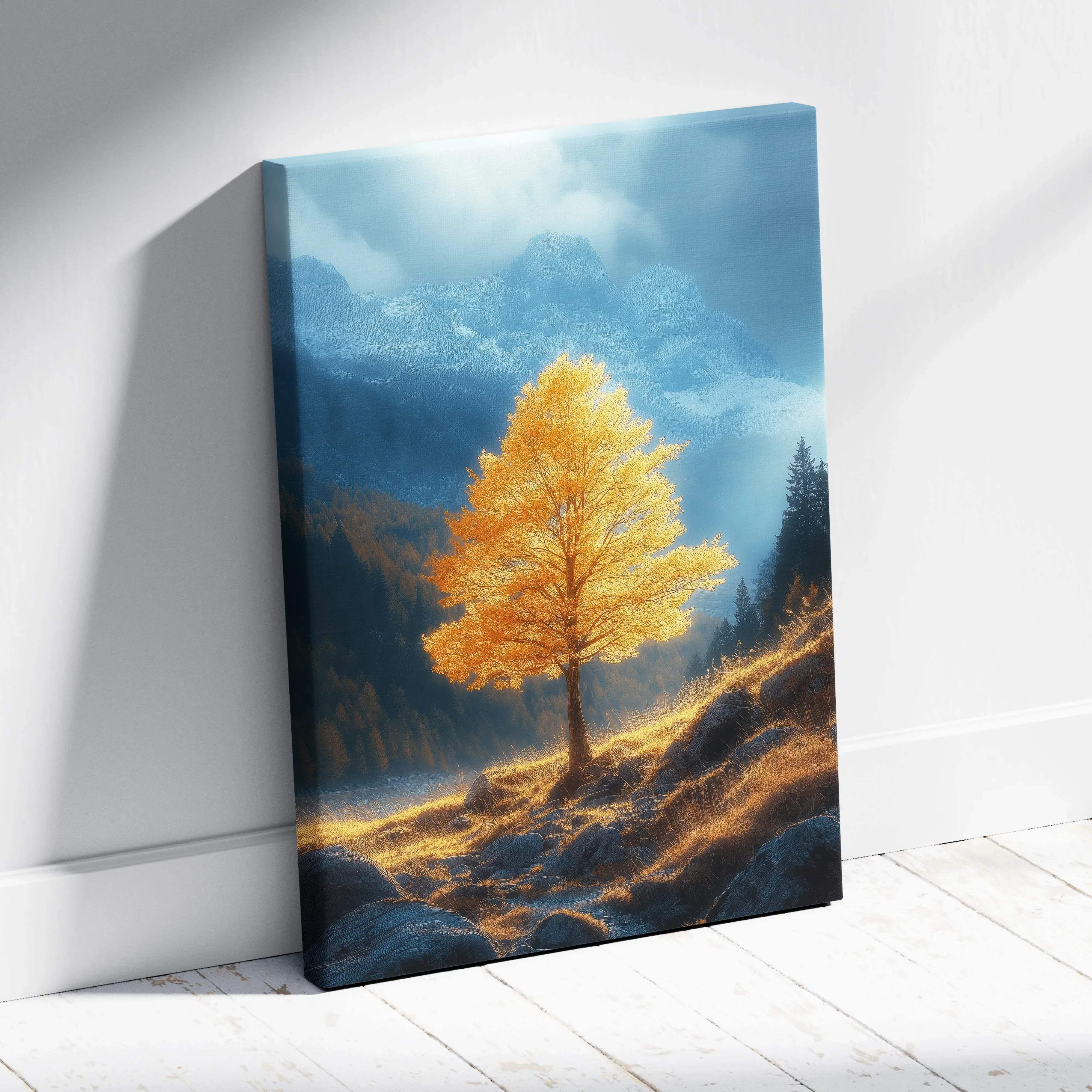 A vibrant canvas wall art featuring a solitary golden tree against a blue sky and mountain valley landscape