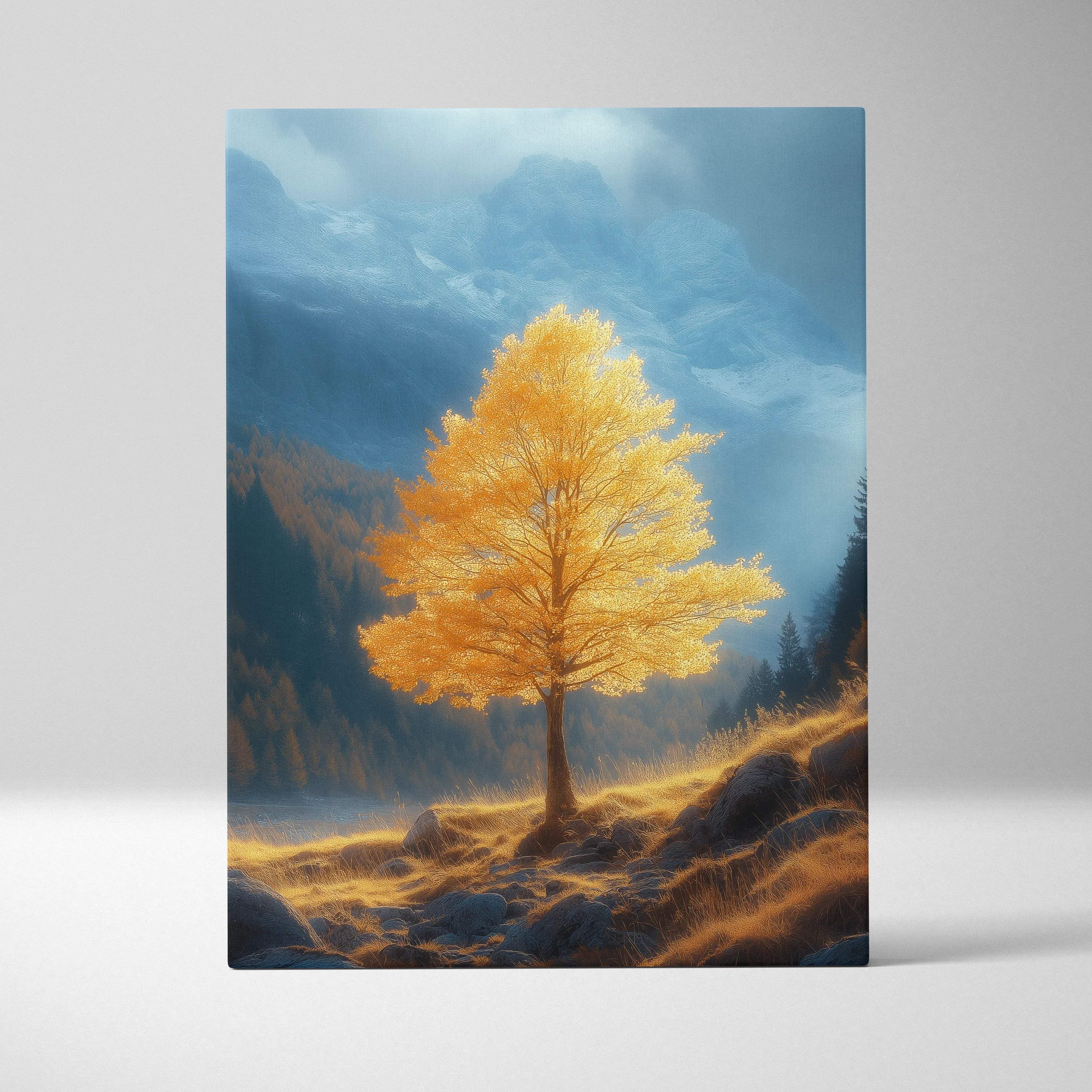 Golden autumn tree canvas print with misty mountain backdrop featuring warm sunlit foliage for wall art decor