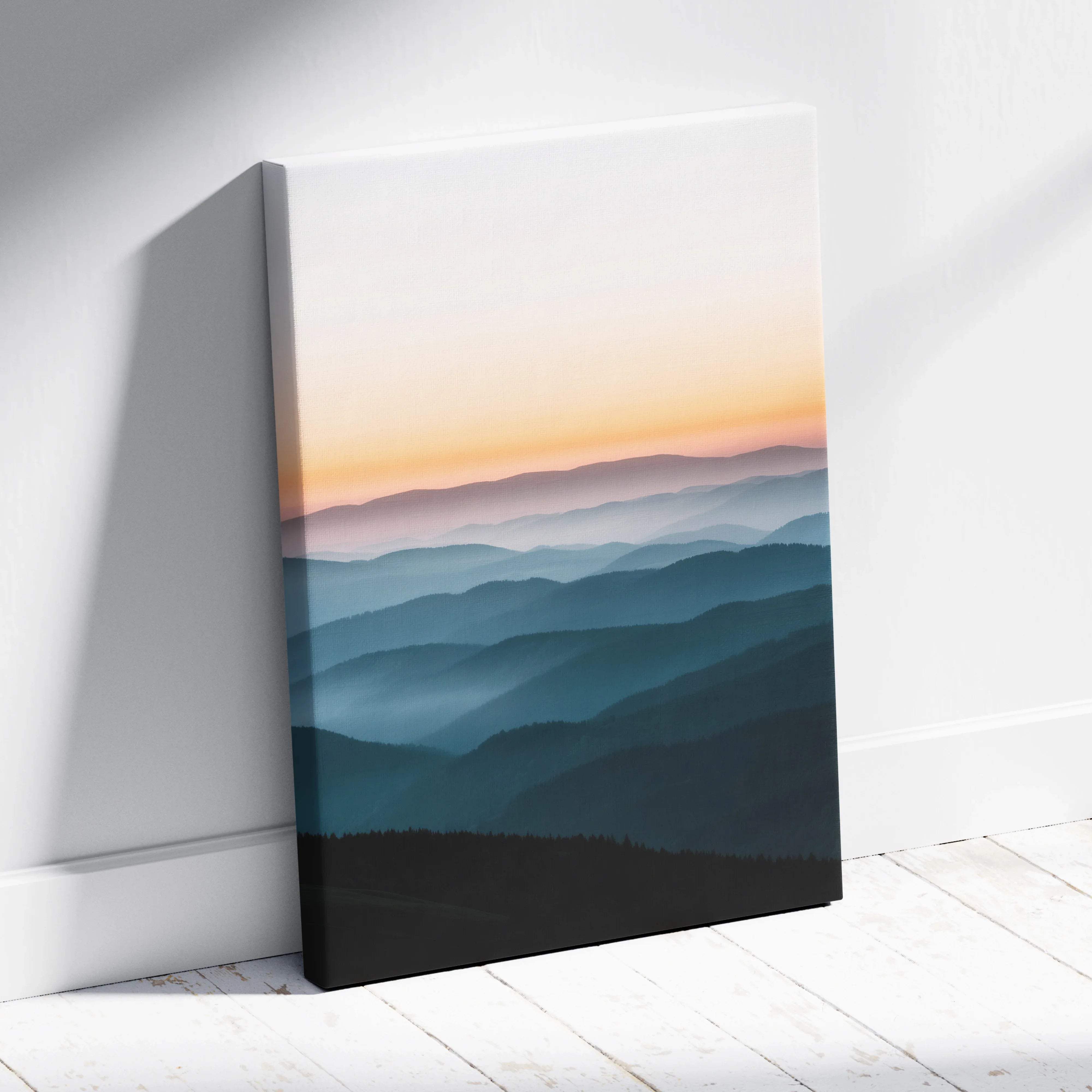 Canvas wall art of soft gradient mountain ridge at sunset in calm peach blues