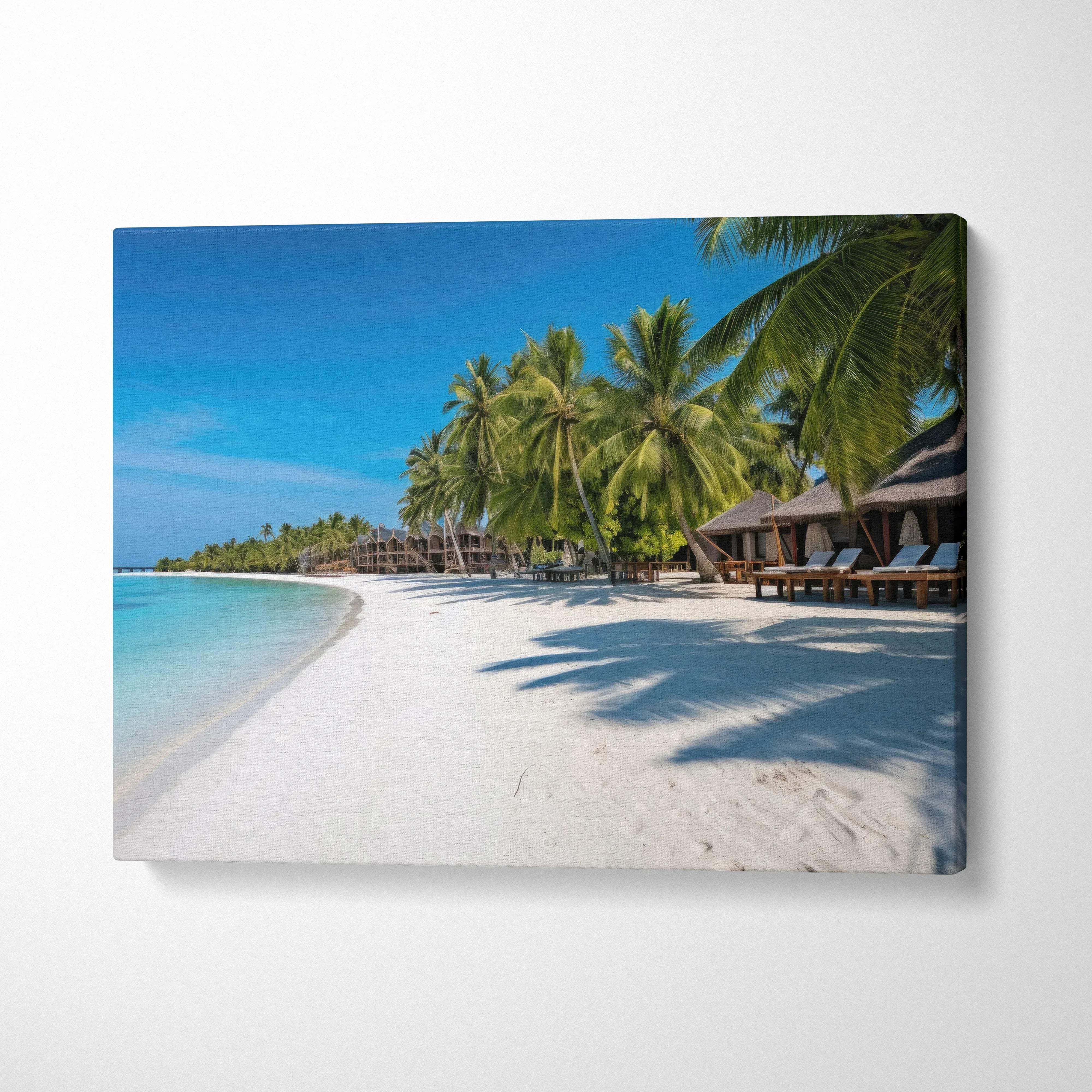 Canvas print of Maldives tropical beach with turquoise water, white sand, palm trees