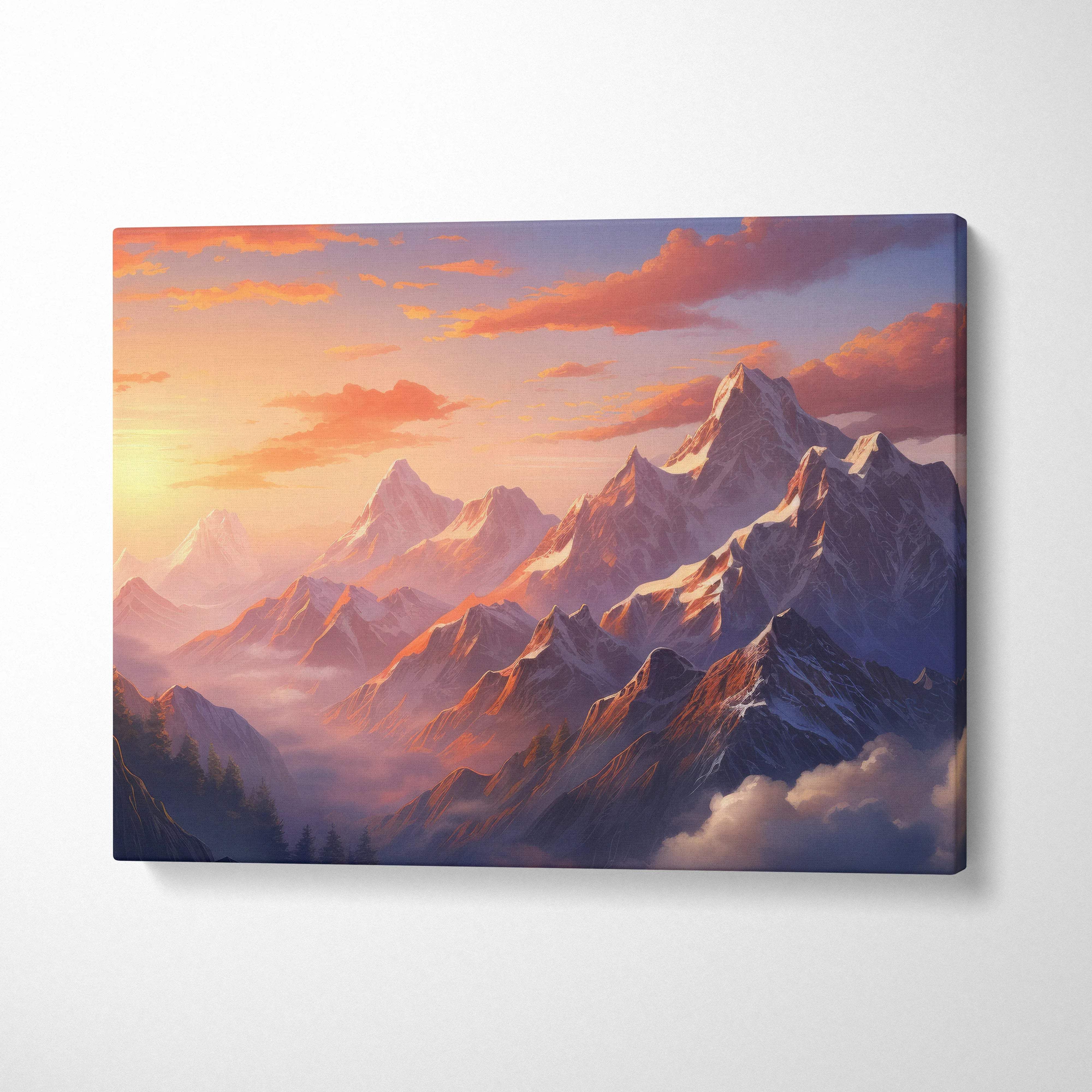 Vibrant impressionist canvas print of sunset over snow-capped peaks