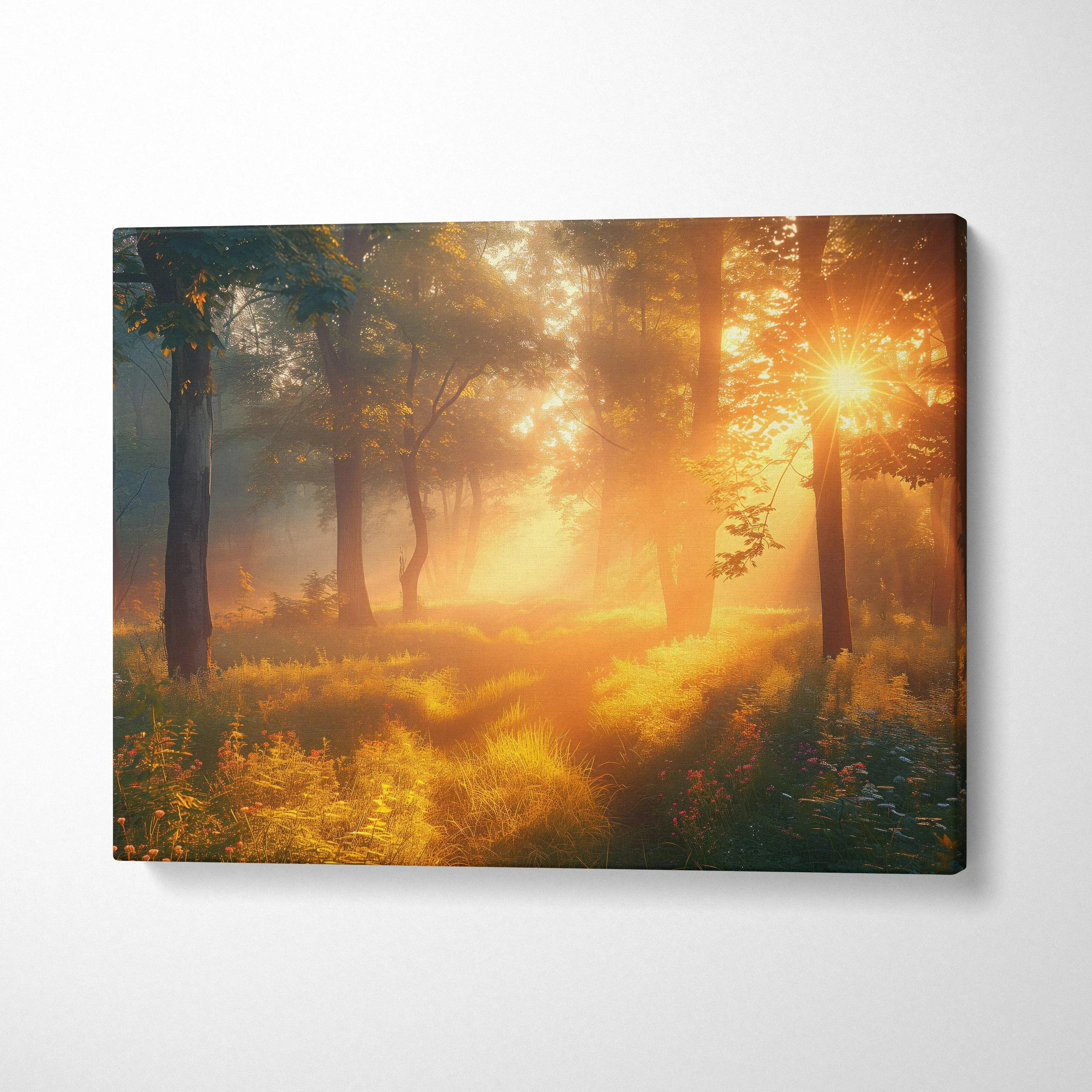 Canvas wall art showcasing a forest at sunset with golden light filtering through majestic trees, perfect decor.