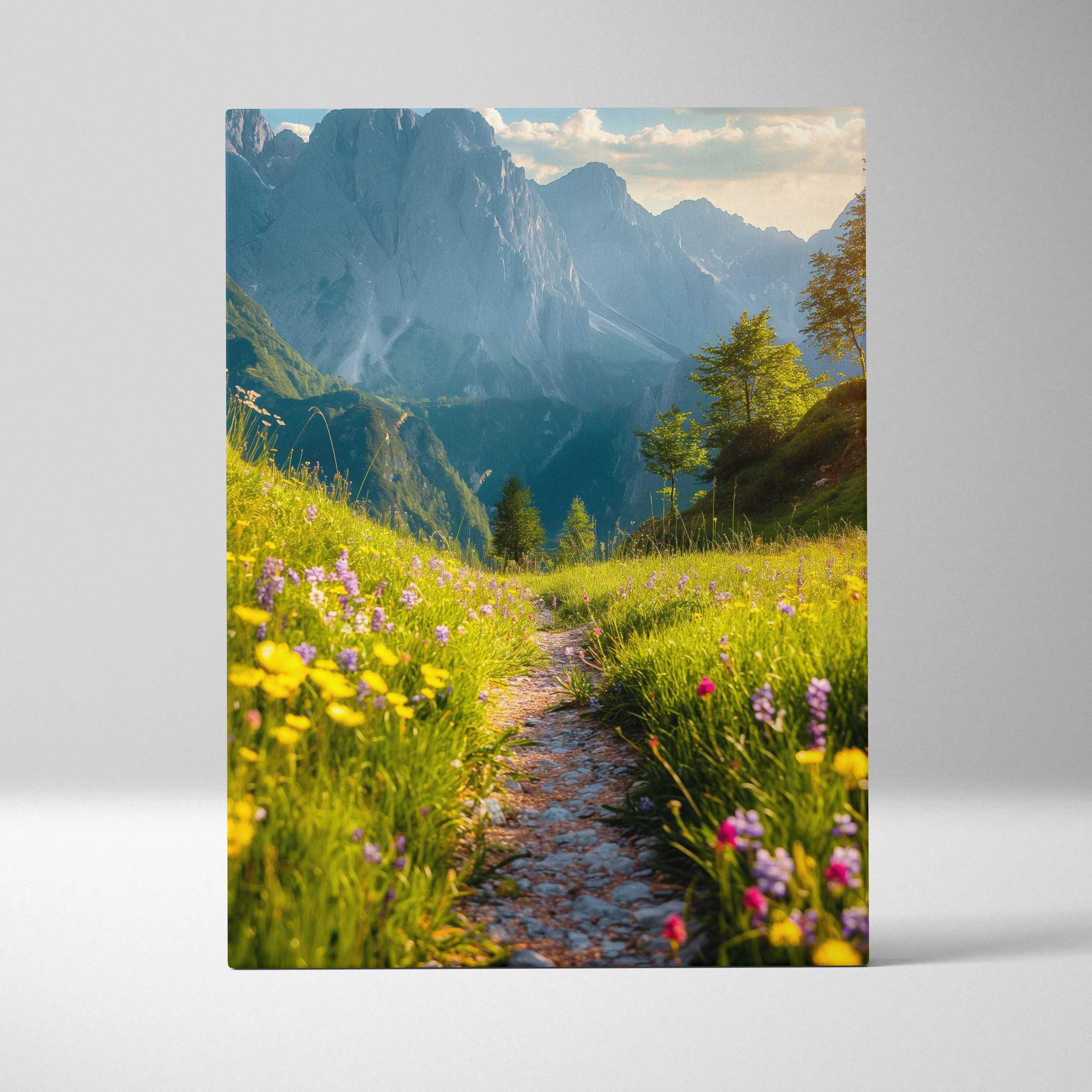 Sunlit mountain trail through green meadow wildflowers and majestic peaks canvas print
