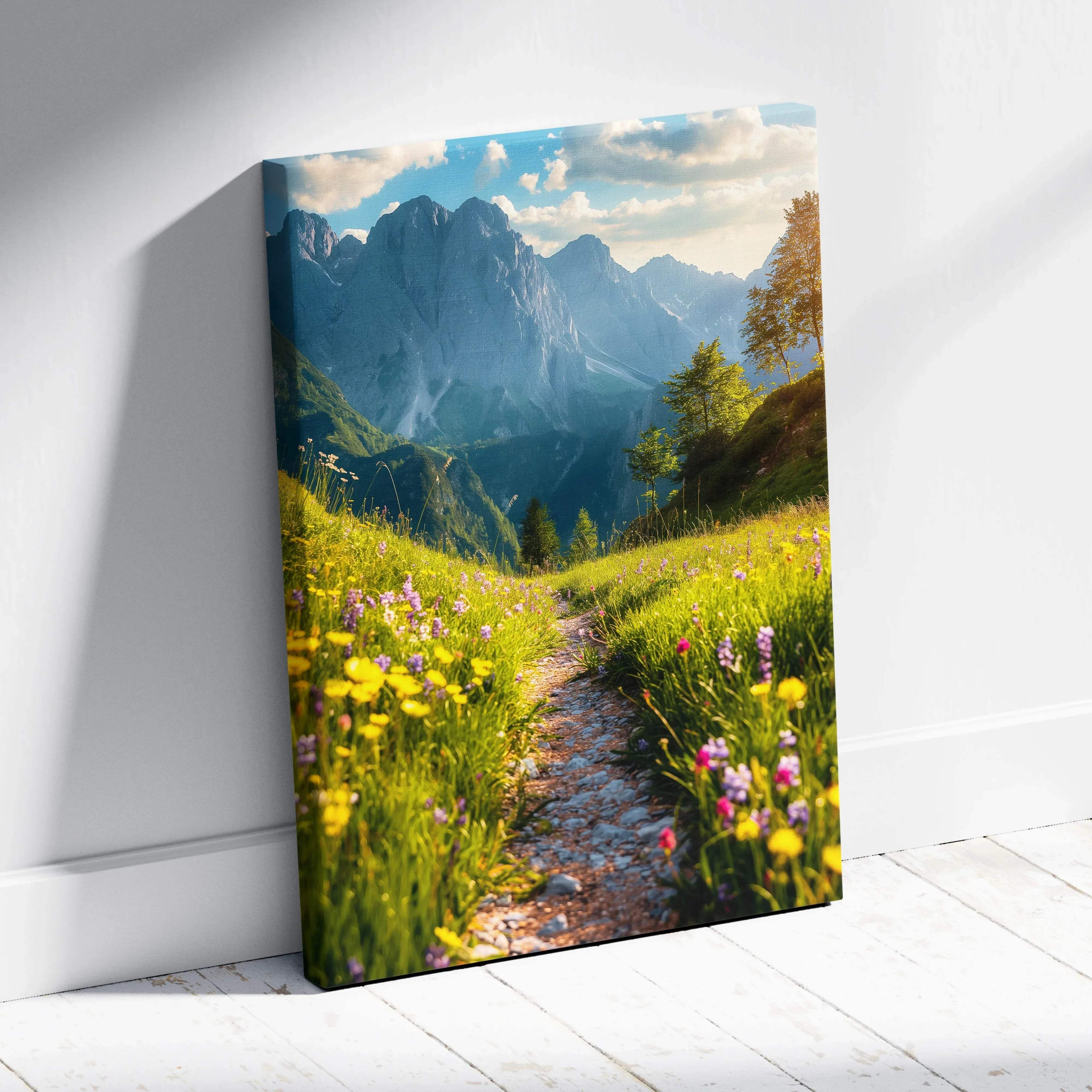 Sunlit canvas print of mountain trail through wildflowers and peaks