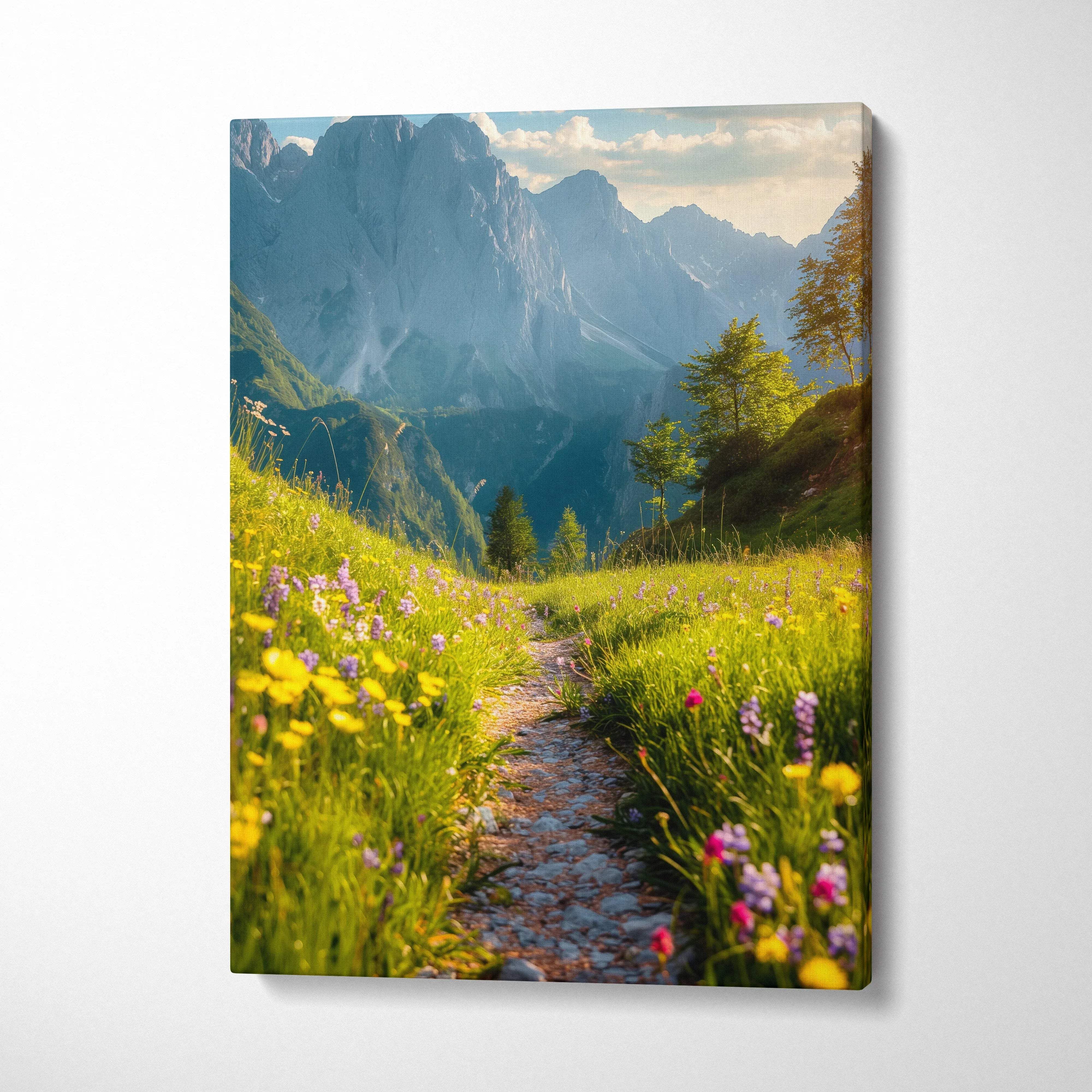 Sunlit mountain trail through yellow purple wildflowers canvas art