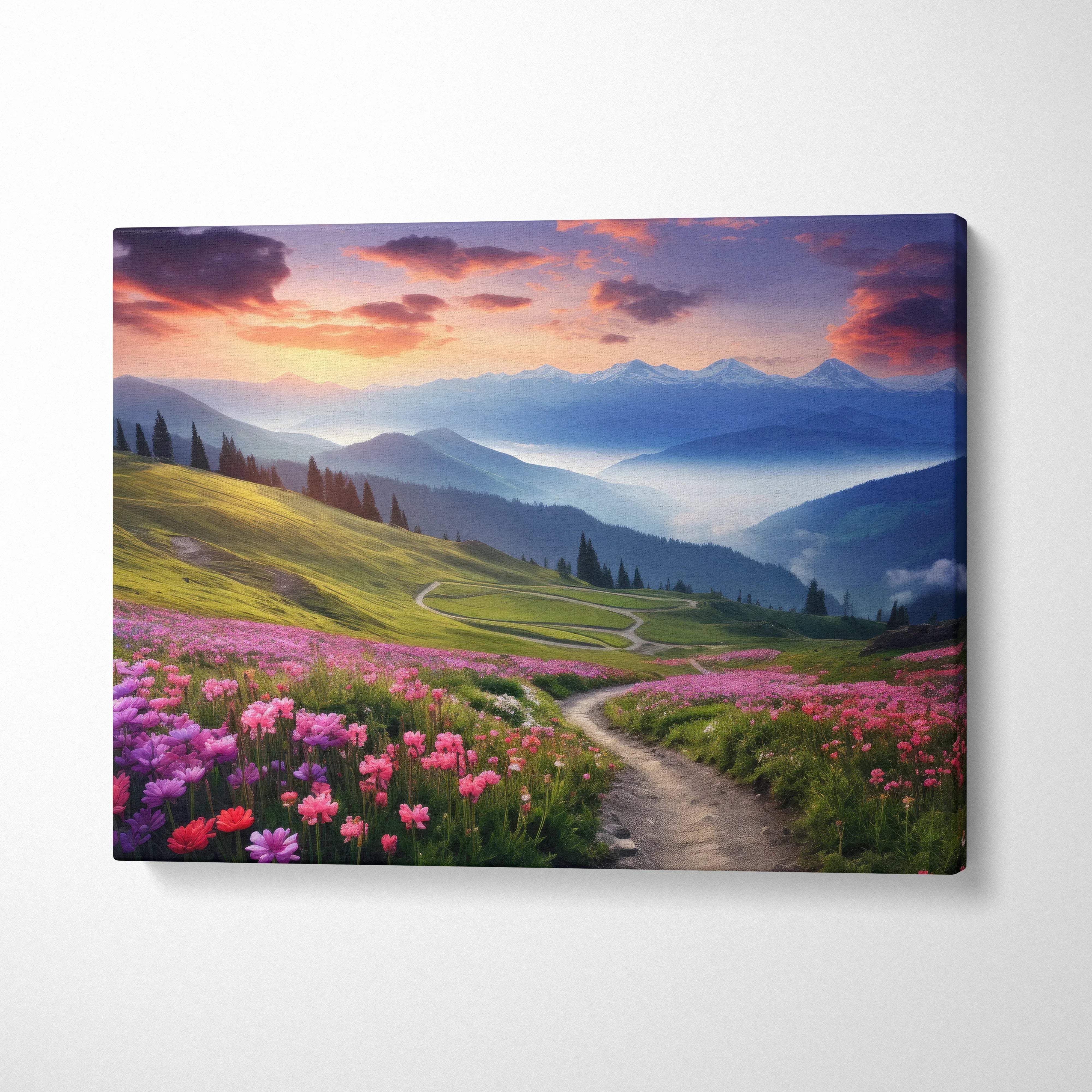 Canvas wall art of winding path through pink purple wildflowers to sunset mountains