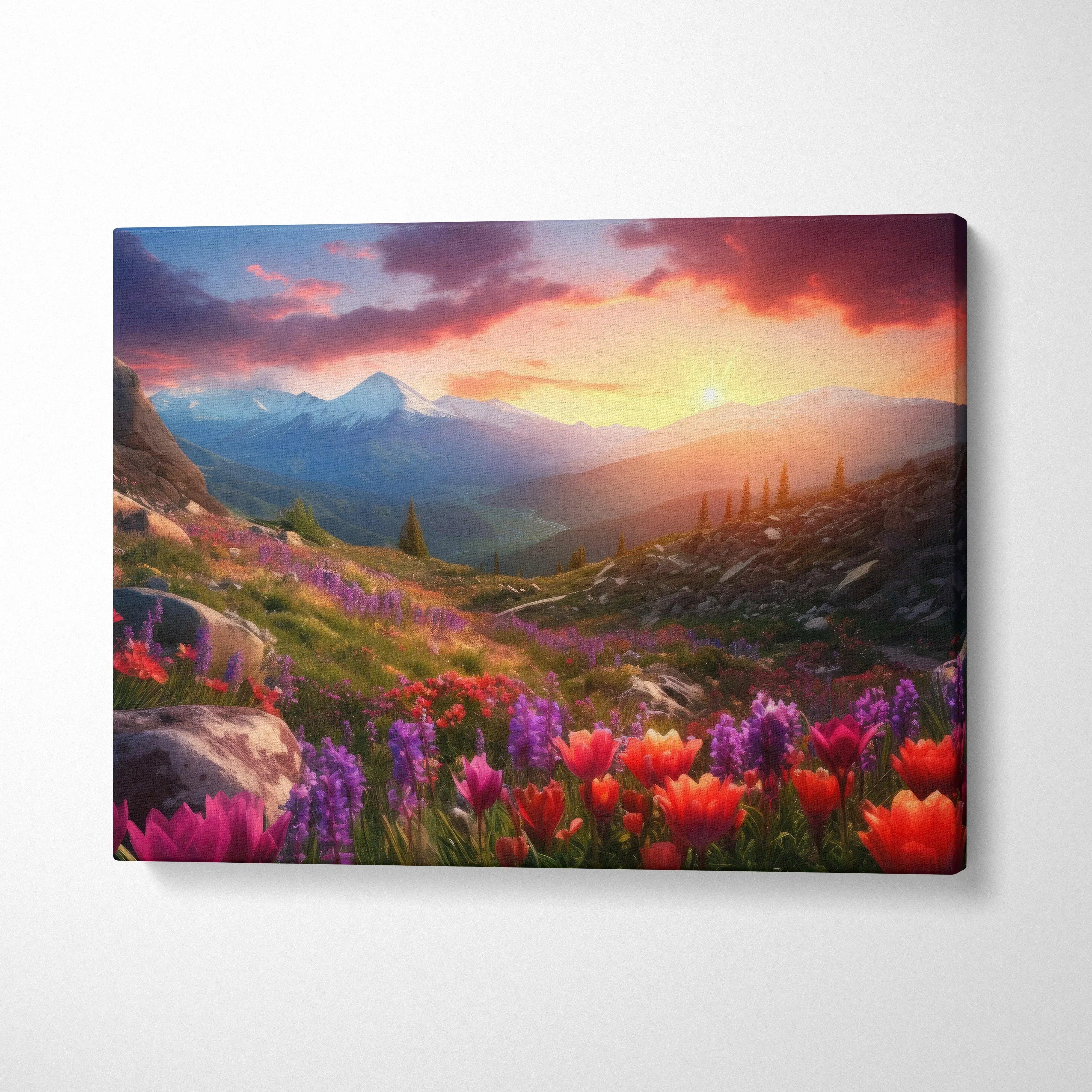 Canvas wall art of sunset over majestic mountains with blooming flowers