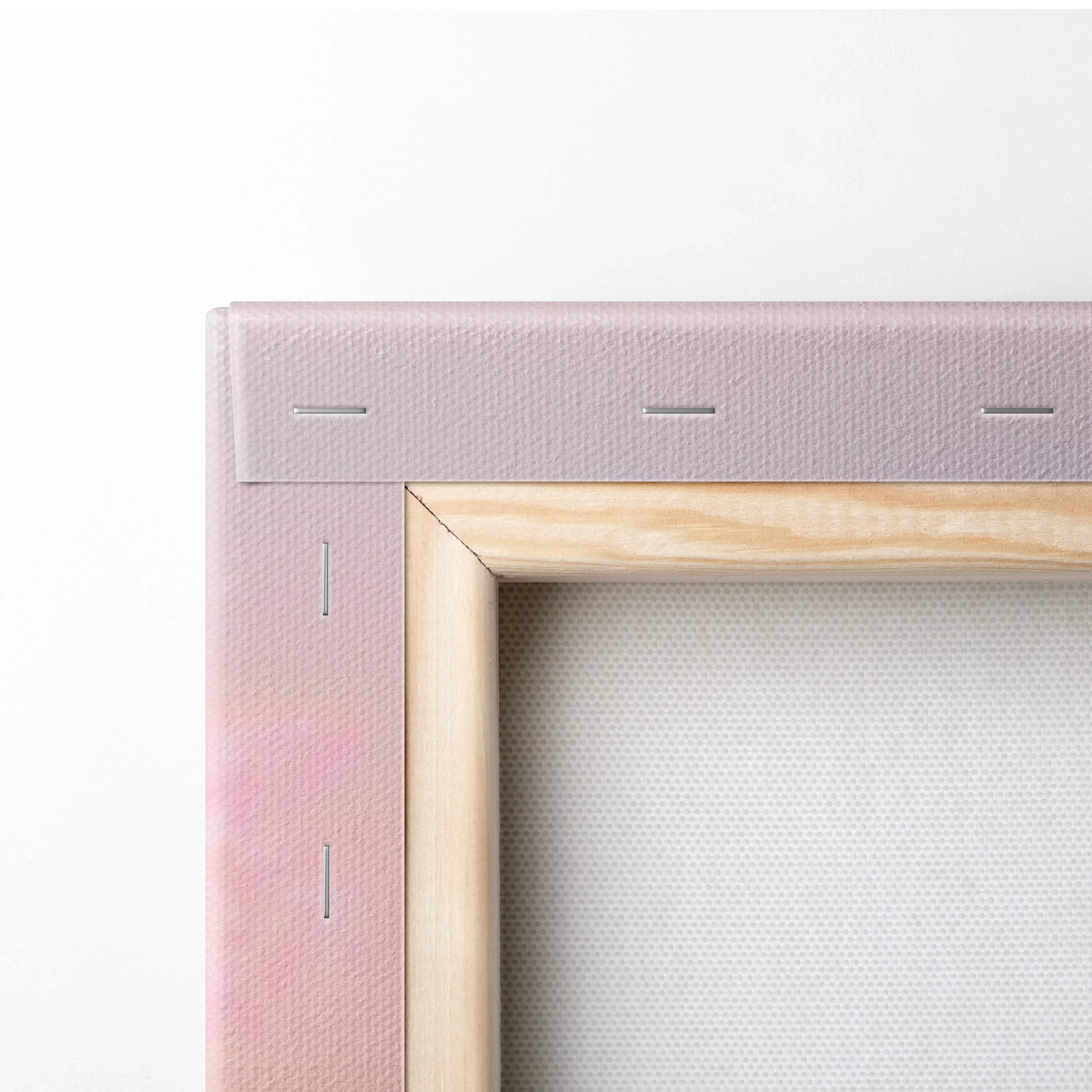 Pastel pink Alpine mountain landscape canvas in light wood frame