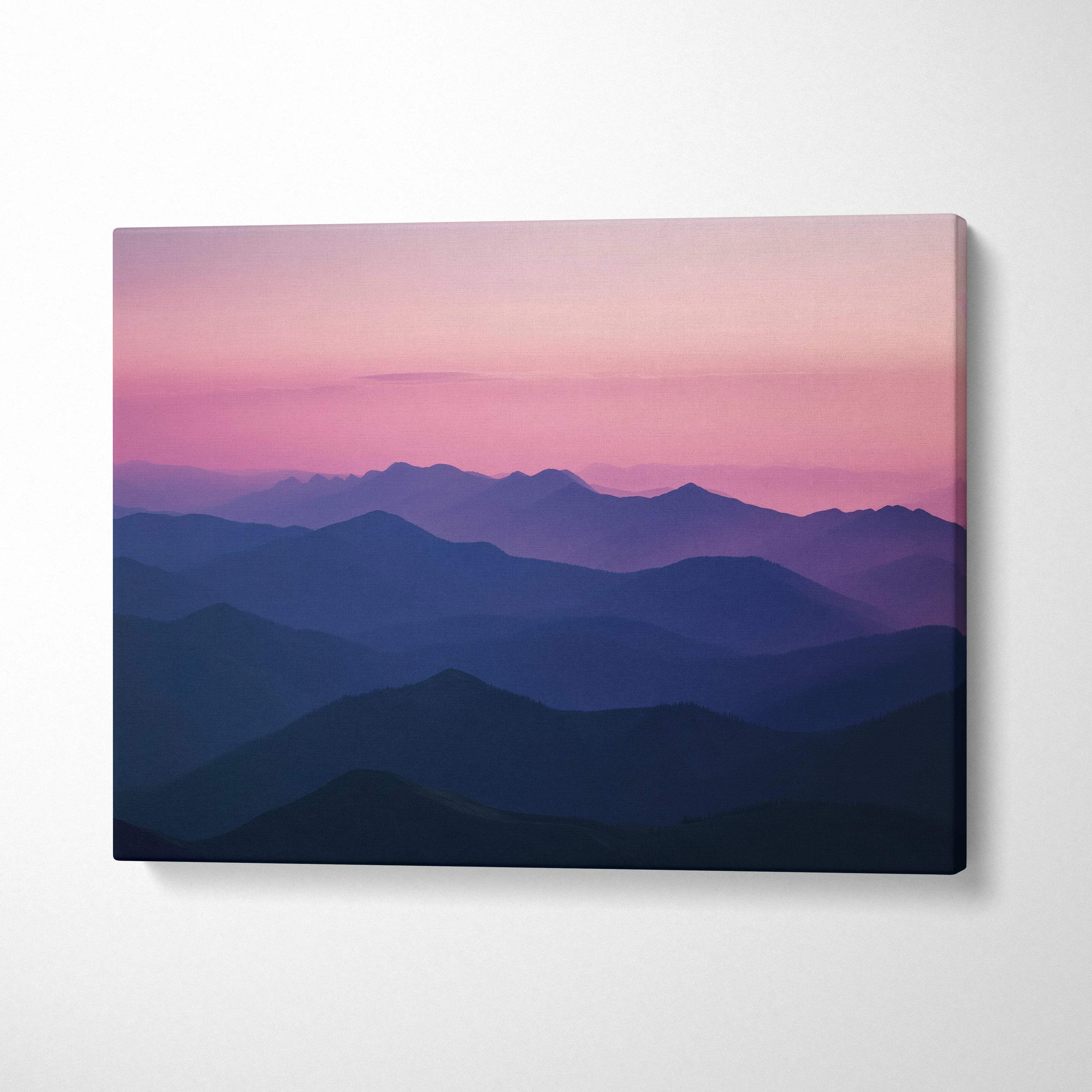 Canvas print of alpine mountains in purple twilight sky gradient
