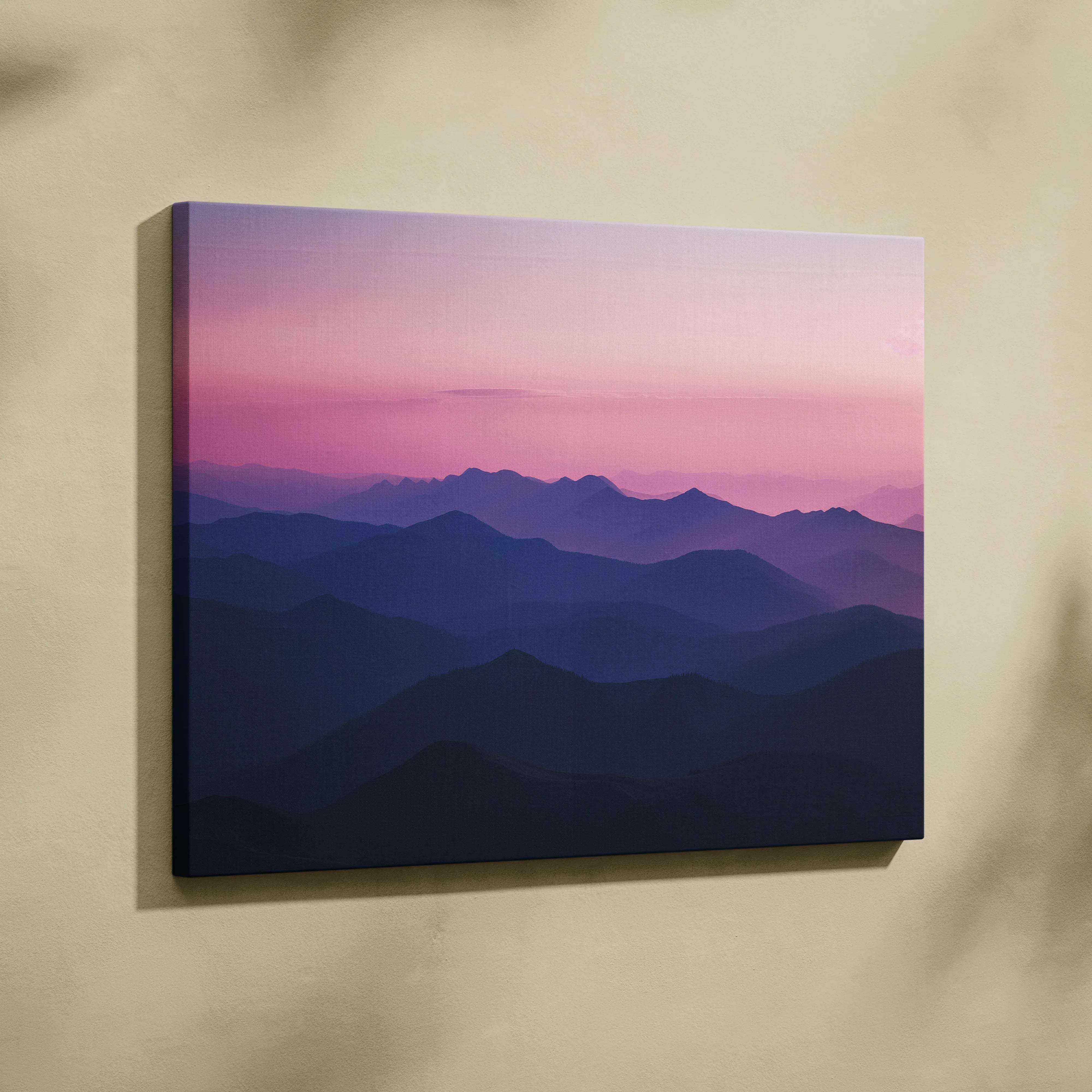 Canvas wall art of serene Alpine mountains at twilight with purple sky