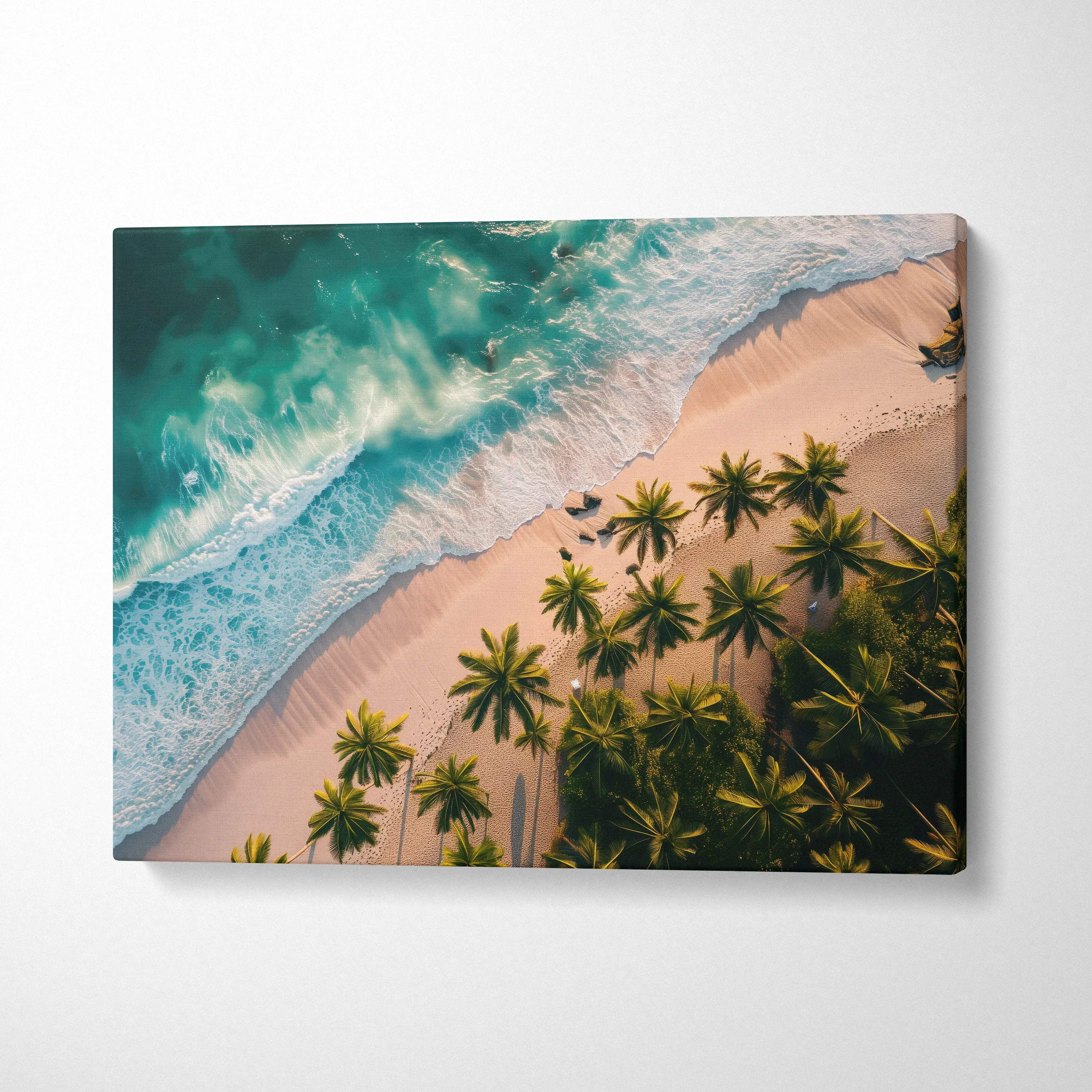Aerial view of turquoise waves on pink sand beach with palm trees canvas art