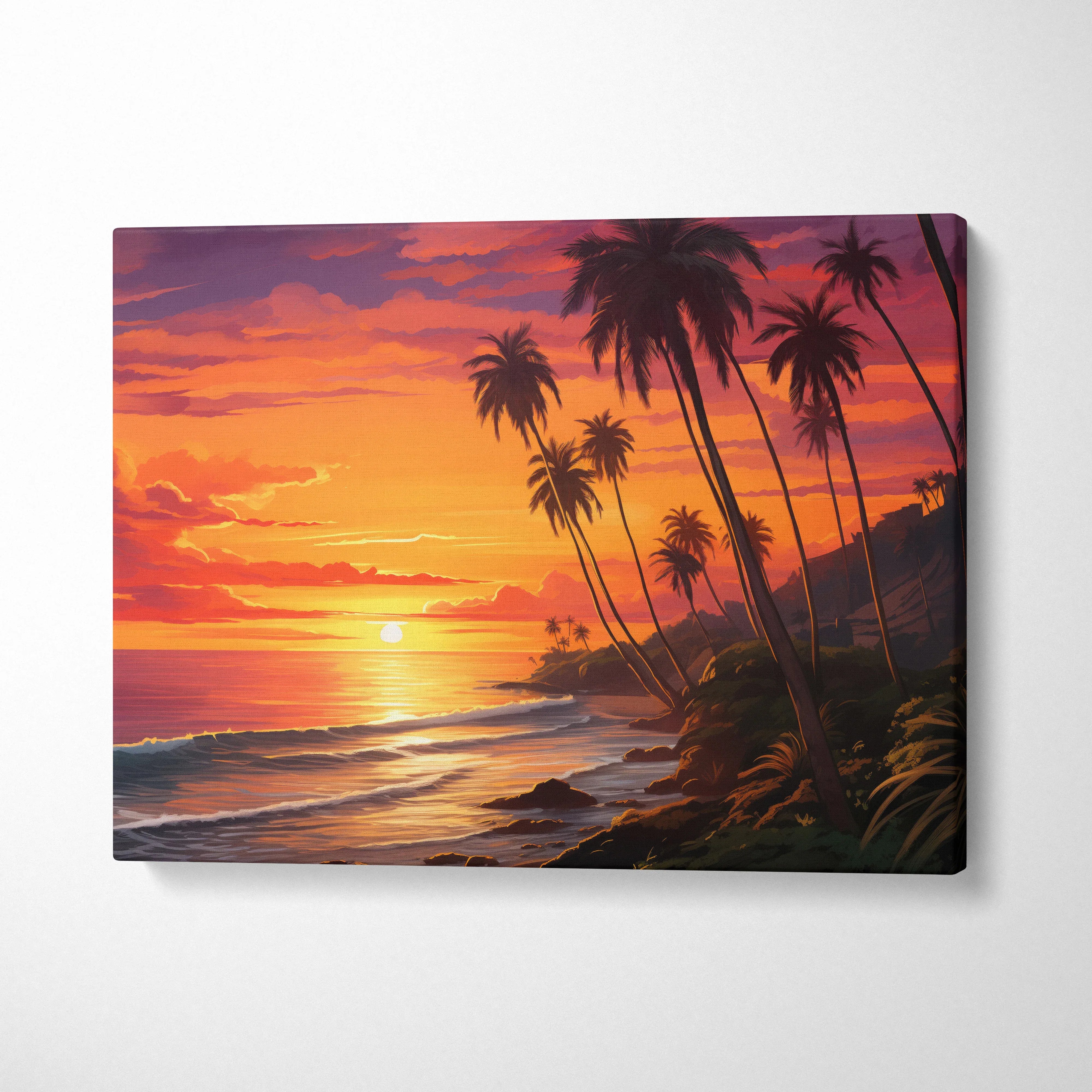 Canvas wall art showing a vibrant California beach sunset with tall palm trees and gentle waves.