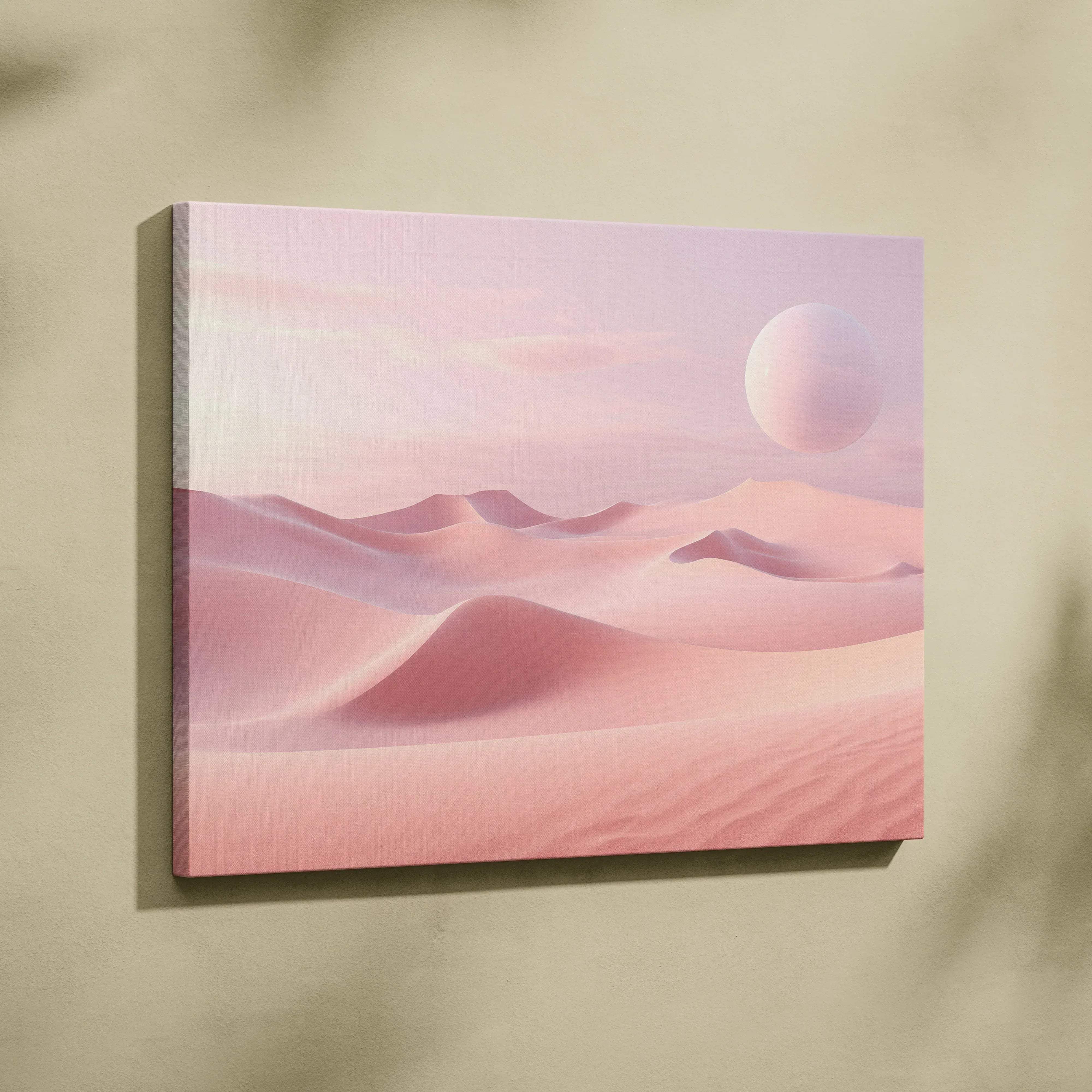 A soft pink canvas print of a surreal desert landscape with rolling dunes and a floating orb for calming decor