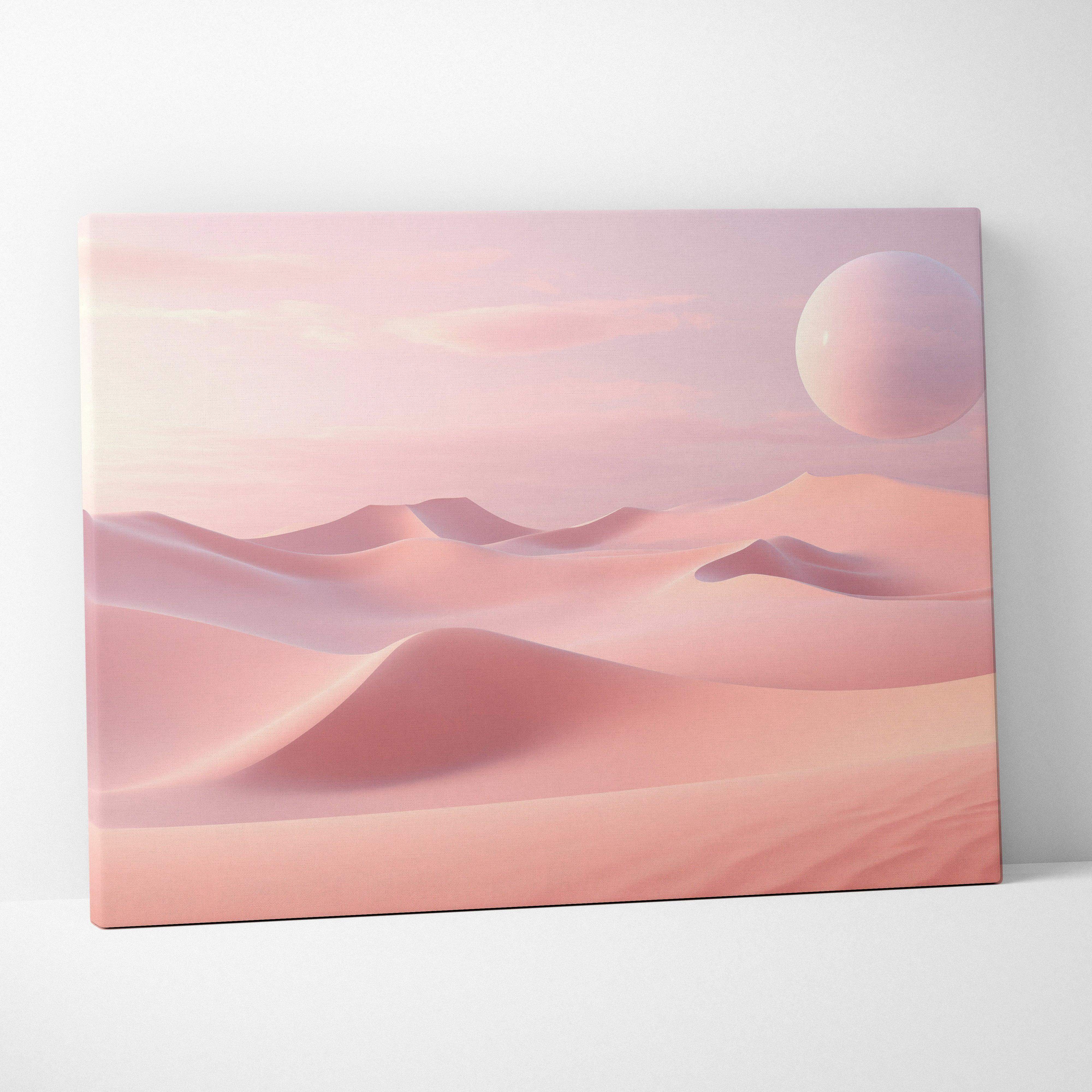 Minimalist pink dunes desert landscape canvas wall art featuring soft pastel pink rolling dunes and a pale sphere in the sky
