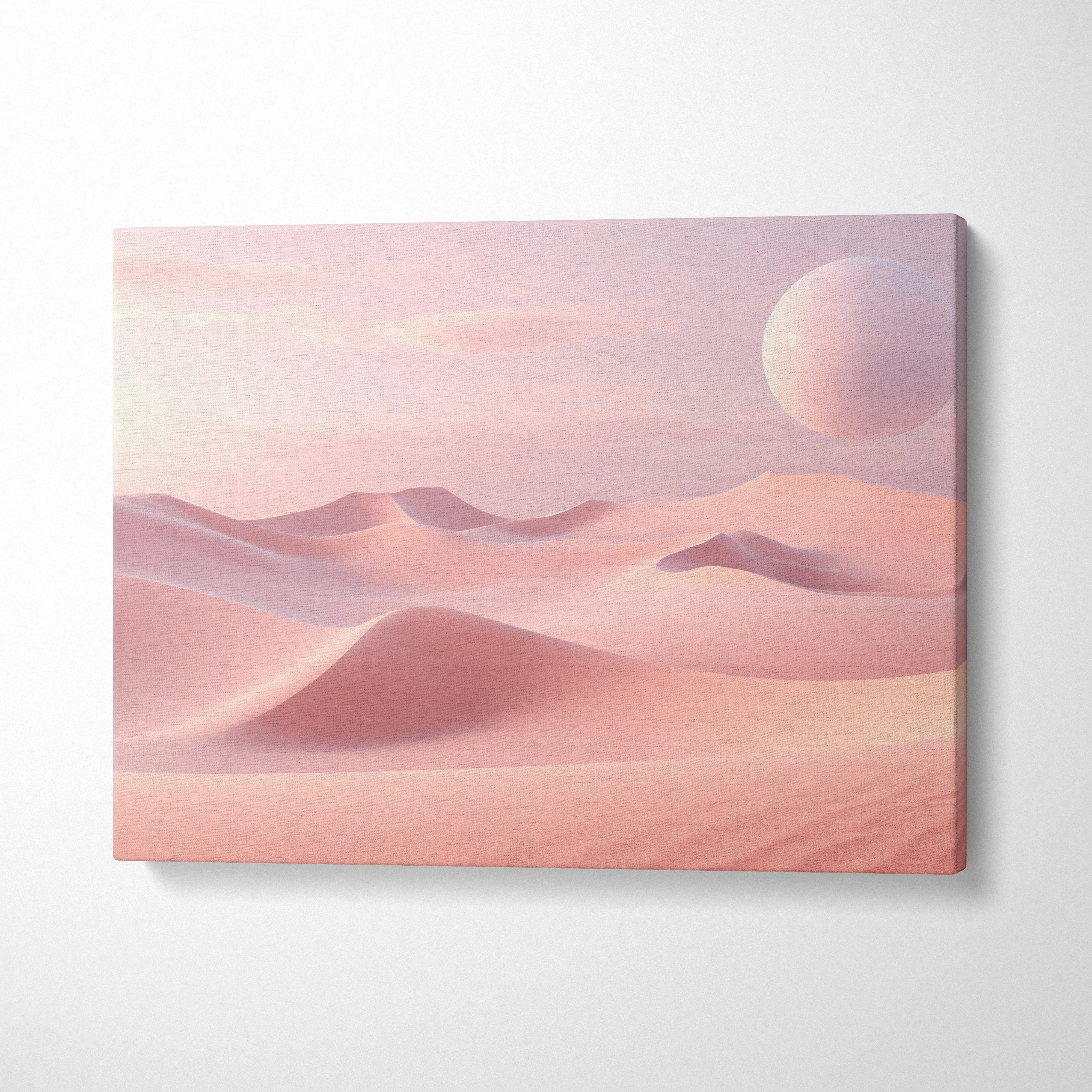 Pink dunes minimalist landscape canvas wall art with large planet in soft sunset sky decor.