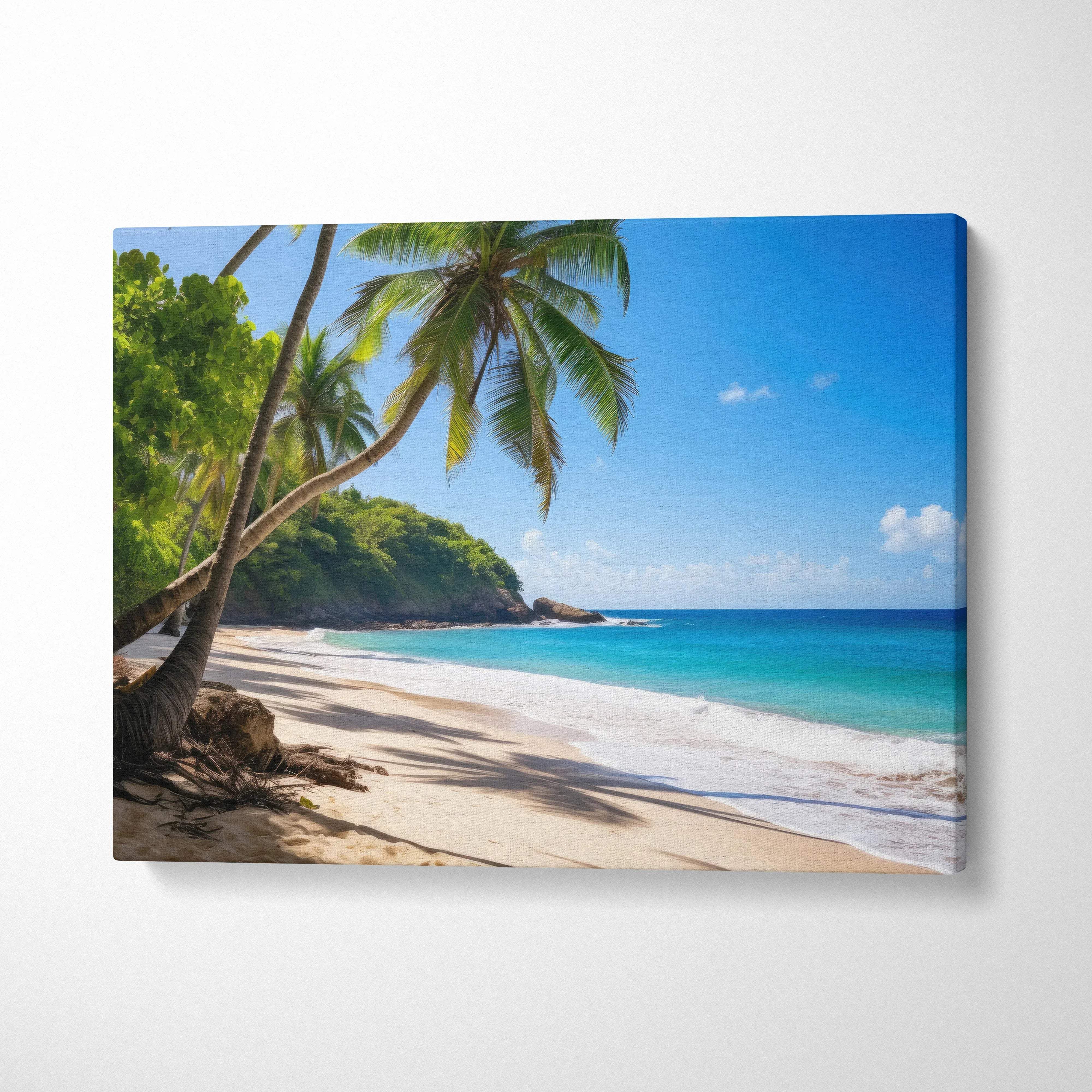 Tropical beach canvas wall art with turquoise ocean, golden sands, palm trees