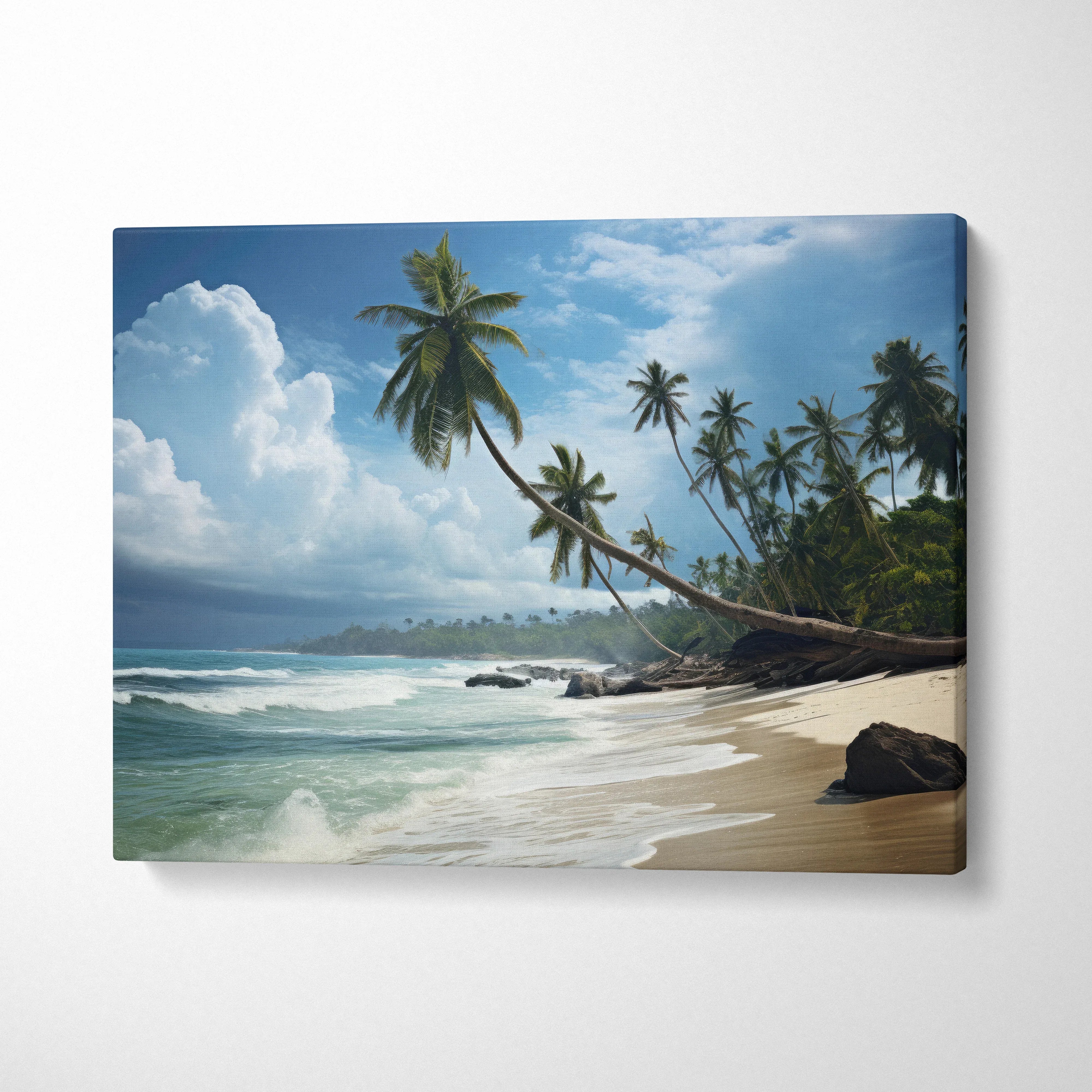 Canvas wall art featuring a beach scene with palm trees, ocean waves, and a cloudy blue sky.