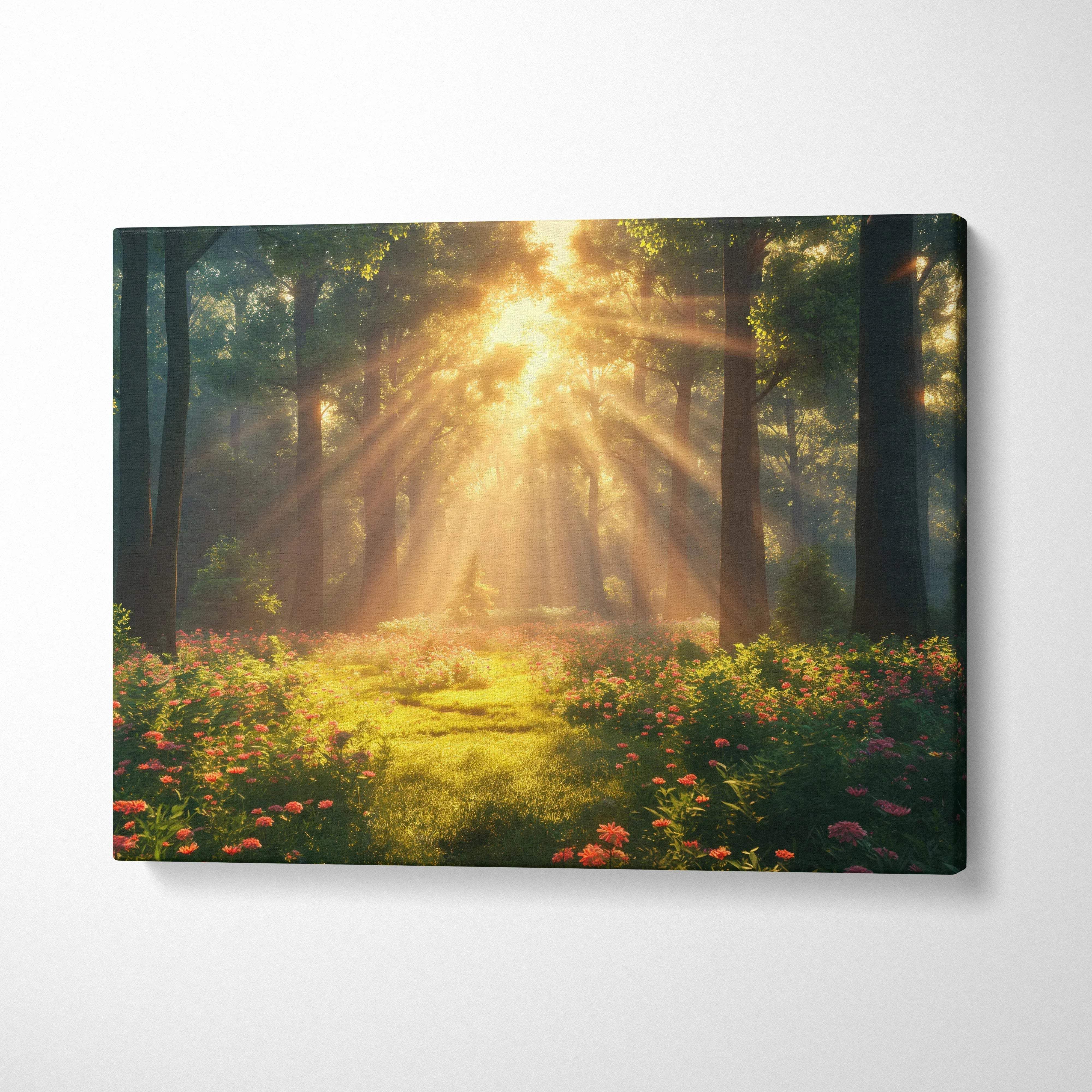 Serene forest sunset canvas wall art with sun rays through tall trees and wildflowers decor.