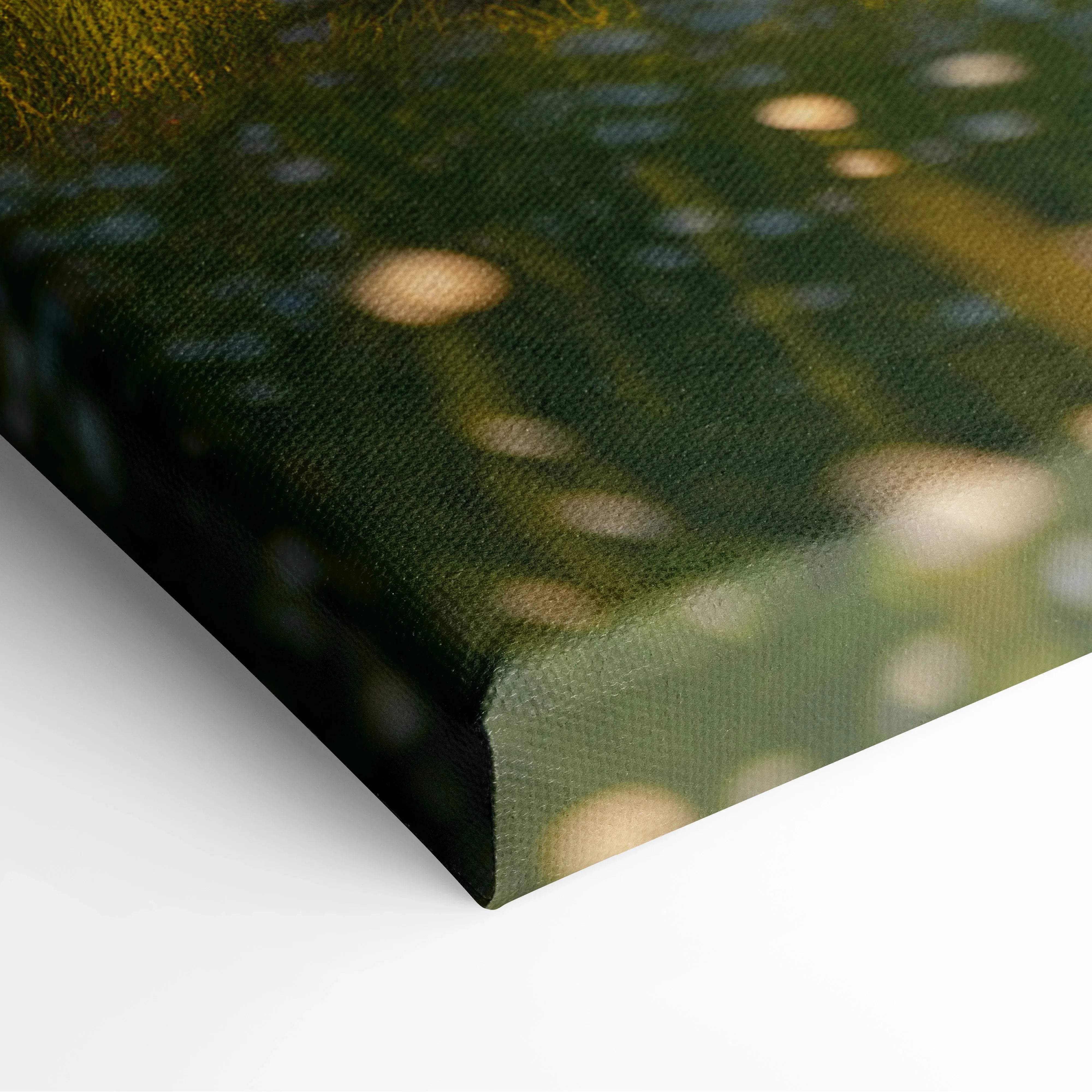 A textured canvas print of a sunlit forest with lush green fields and golden bokeh lights for warm wall decor