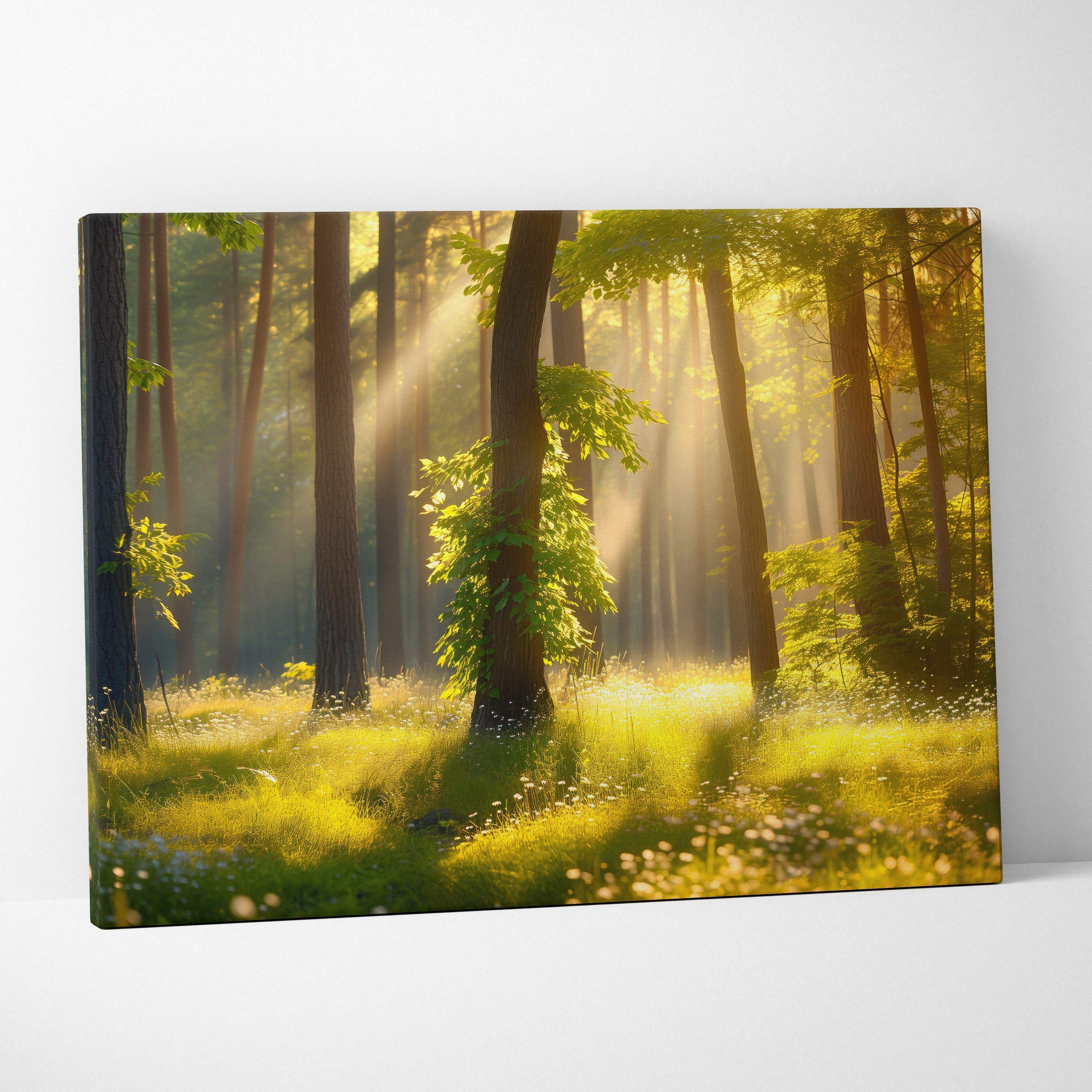 Rectangular canvas wall art of sunlit forest with golden rays illuminating green grass and tall ancient trees