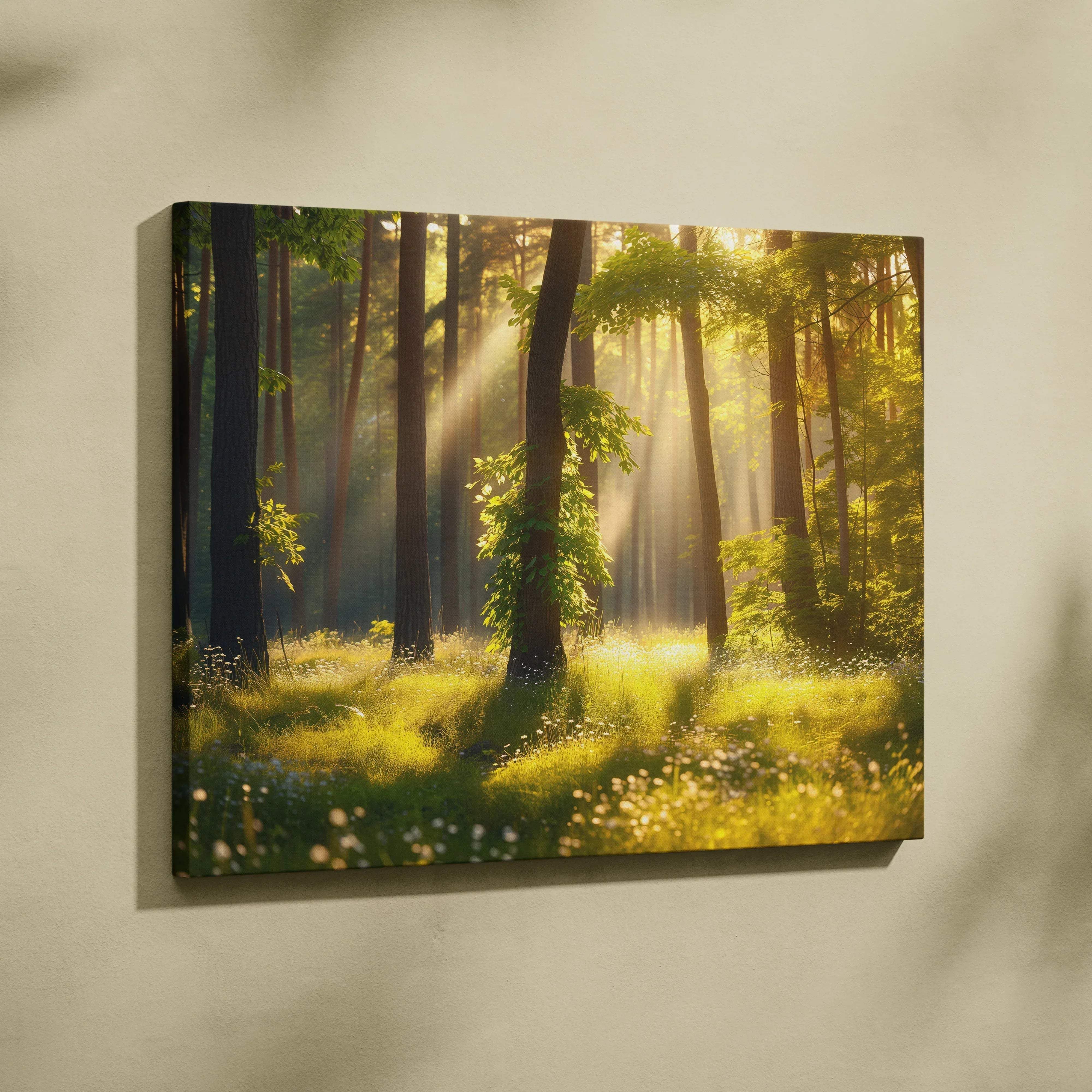 Rectangular canvas wall art of a sunlit forest with golden sunlight filtering through tall trees on green grass and wildflowers