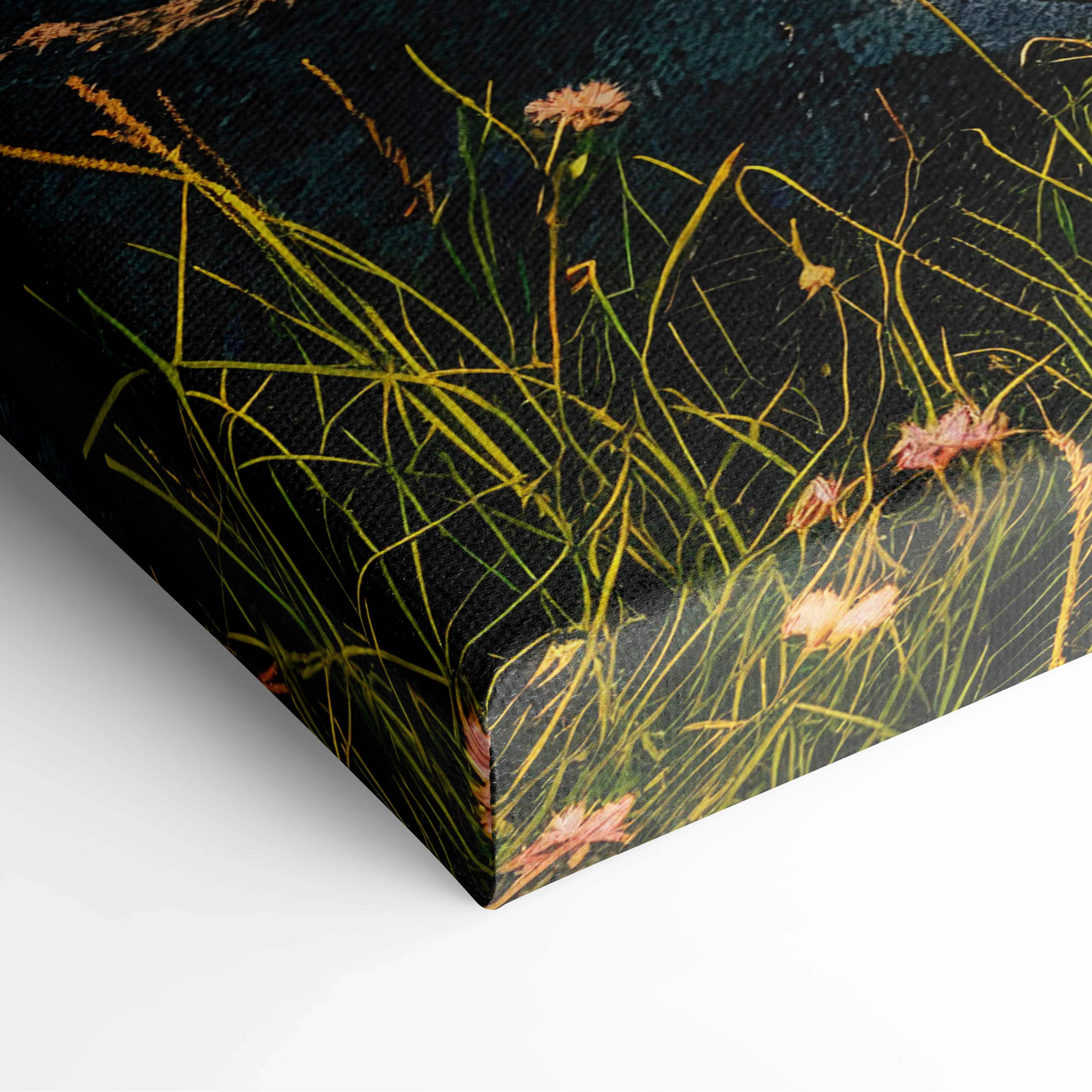 Canvas print of green grasses, pink wildflowers on black background