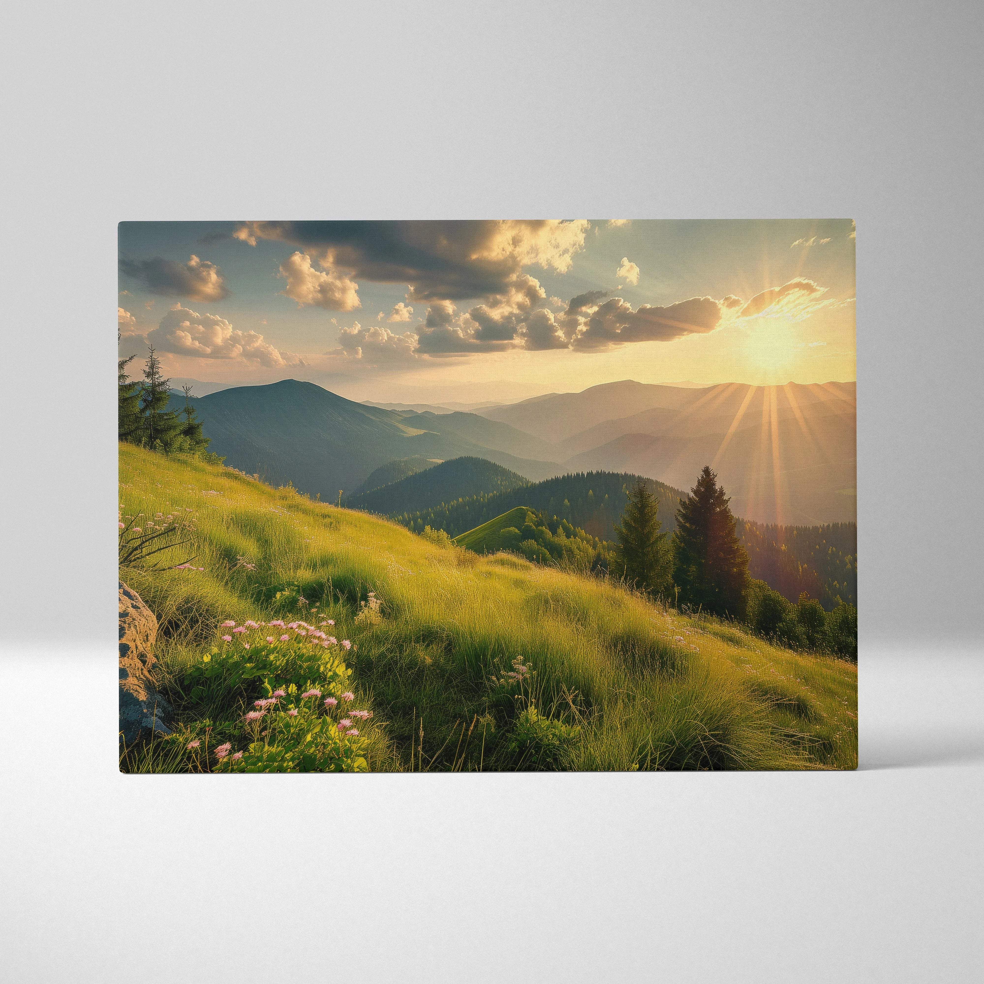 Canvas print of magnificent mountain peaks and valleys at golden hour sunrise