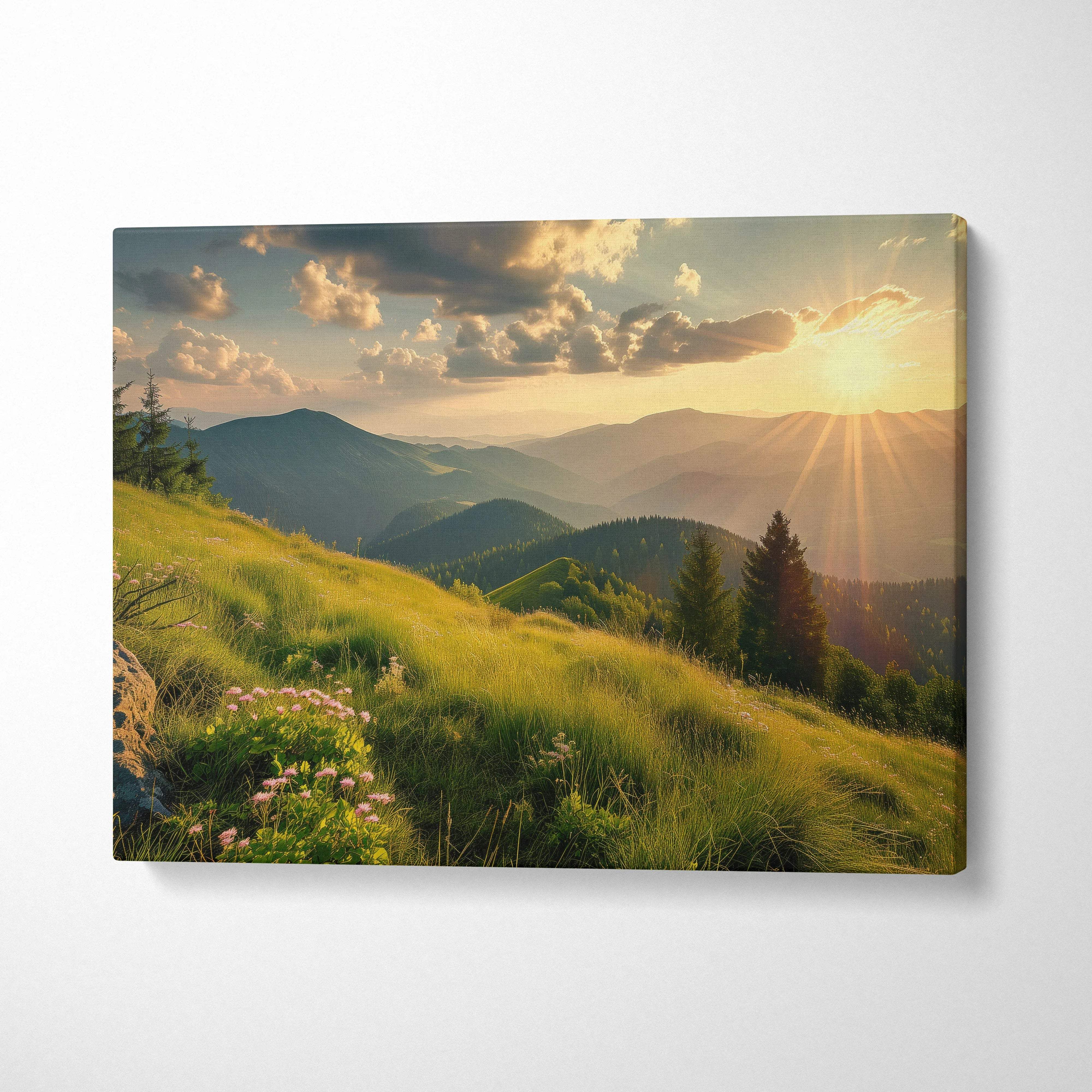 Canvas print of magnificent mountain peaks and valleys at golden hour sunrise