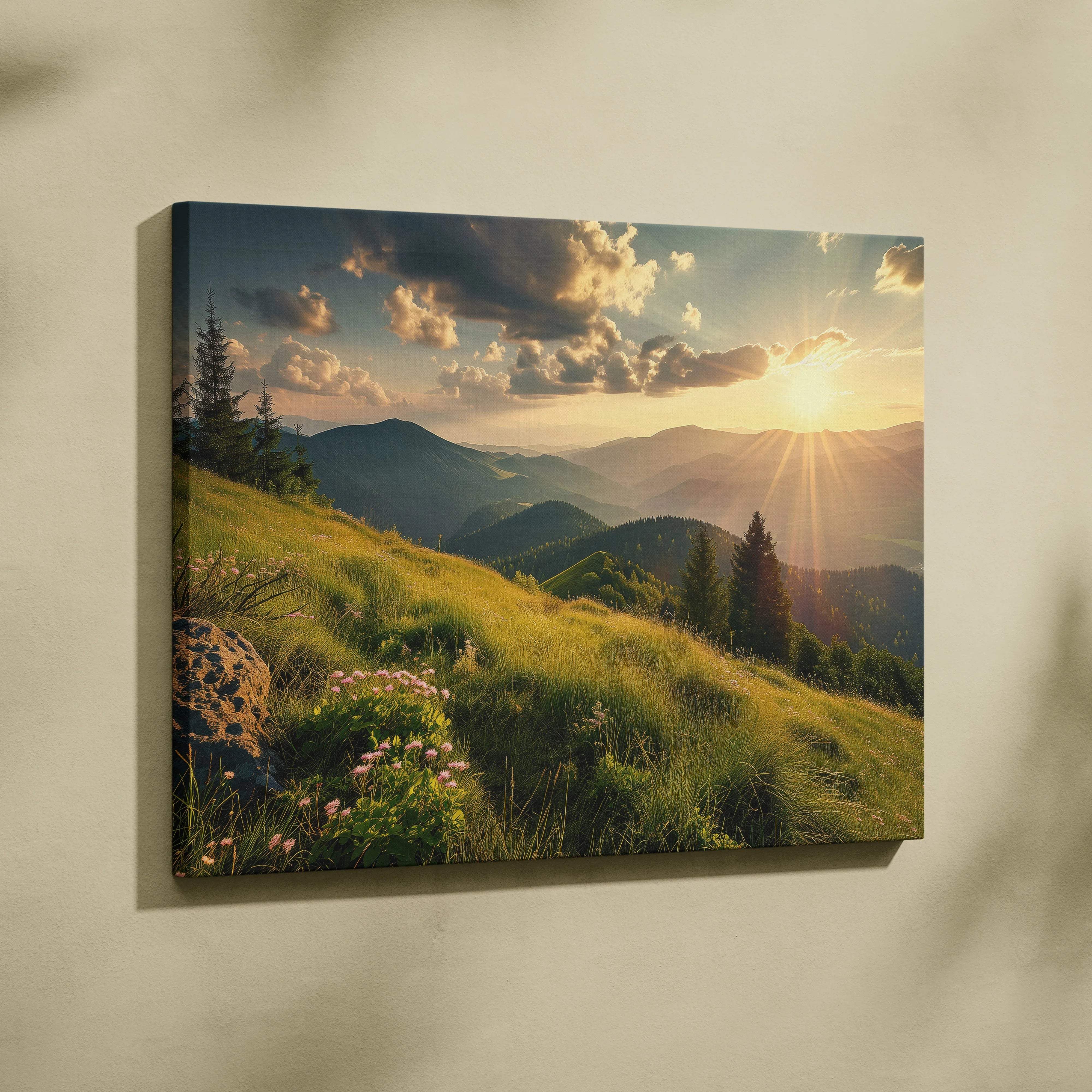 Canvas wall art of magnificent mountain peaks and valleys at golden hour sunrise