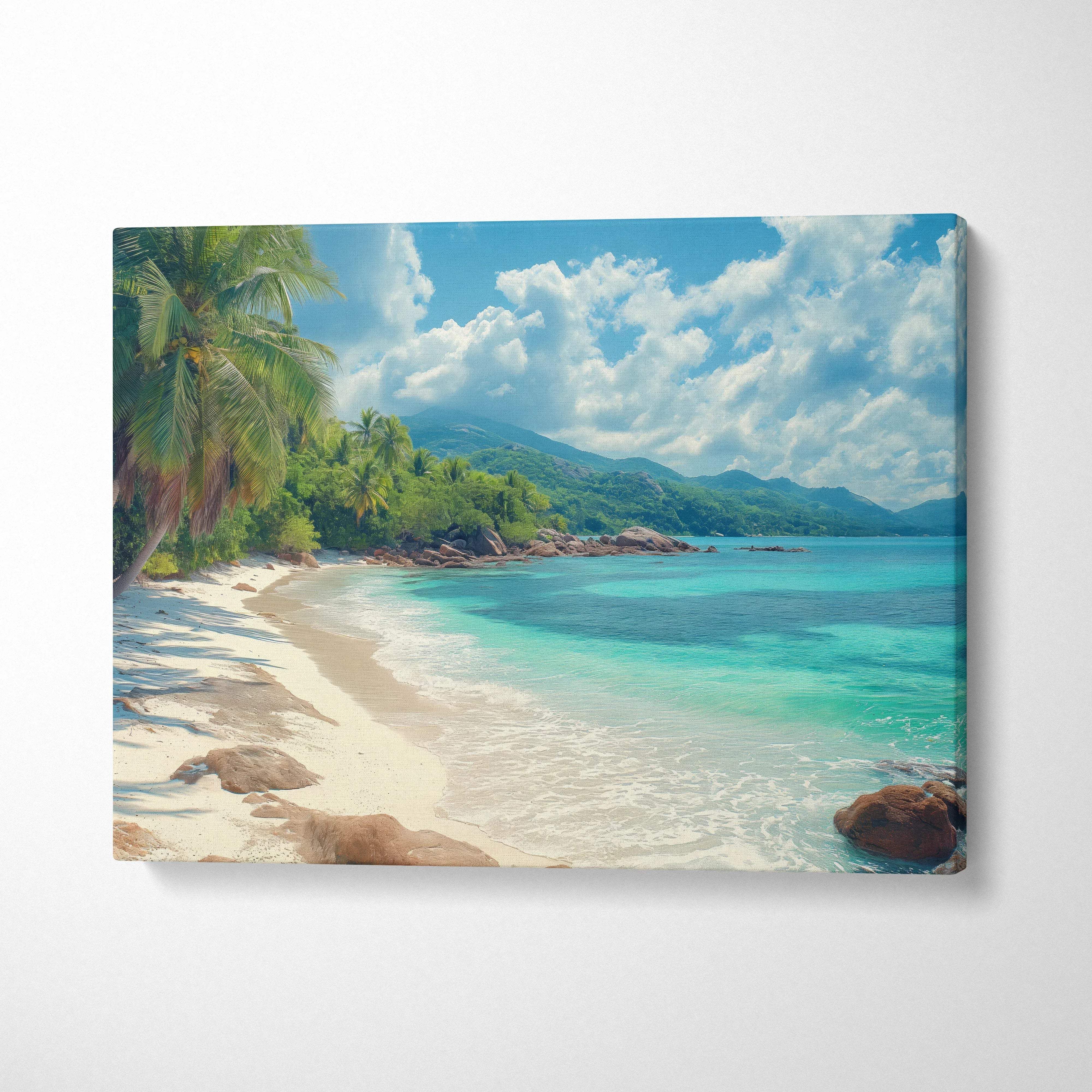 Vibrant tropical California beach canvas art with turquoise ocean and palm trees