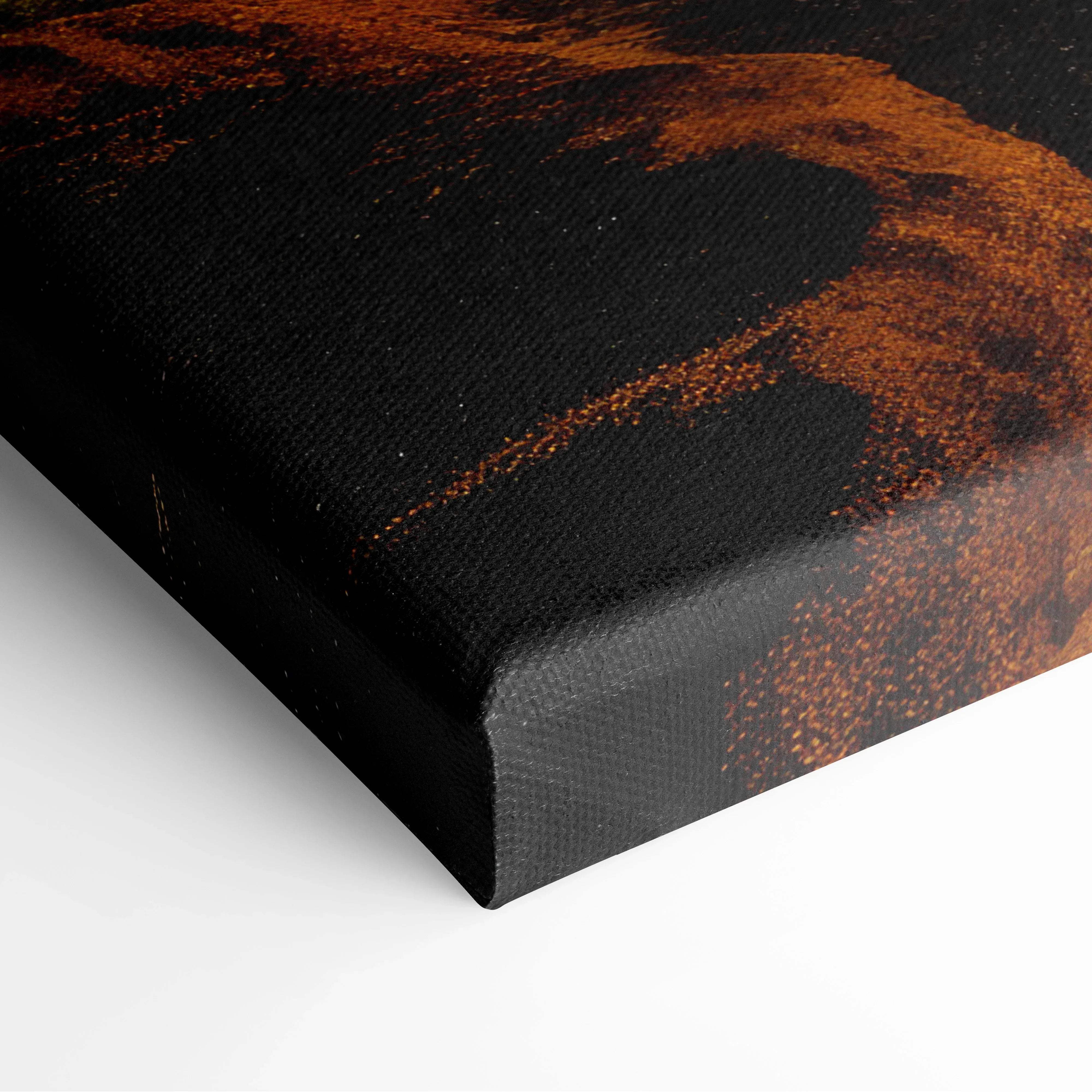 Black canvas print with rust-orange abstract brushstrokes, sunset coast art