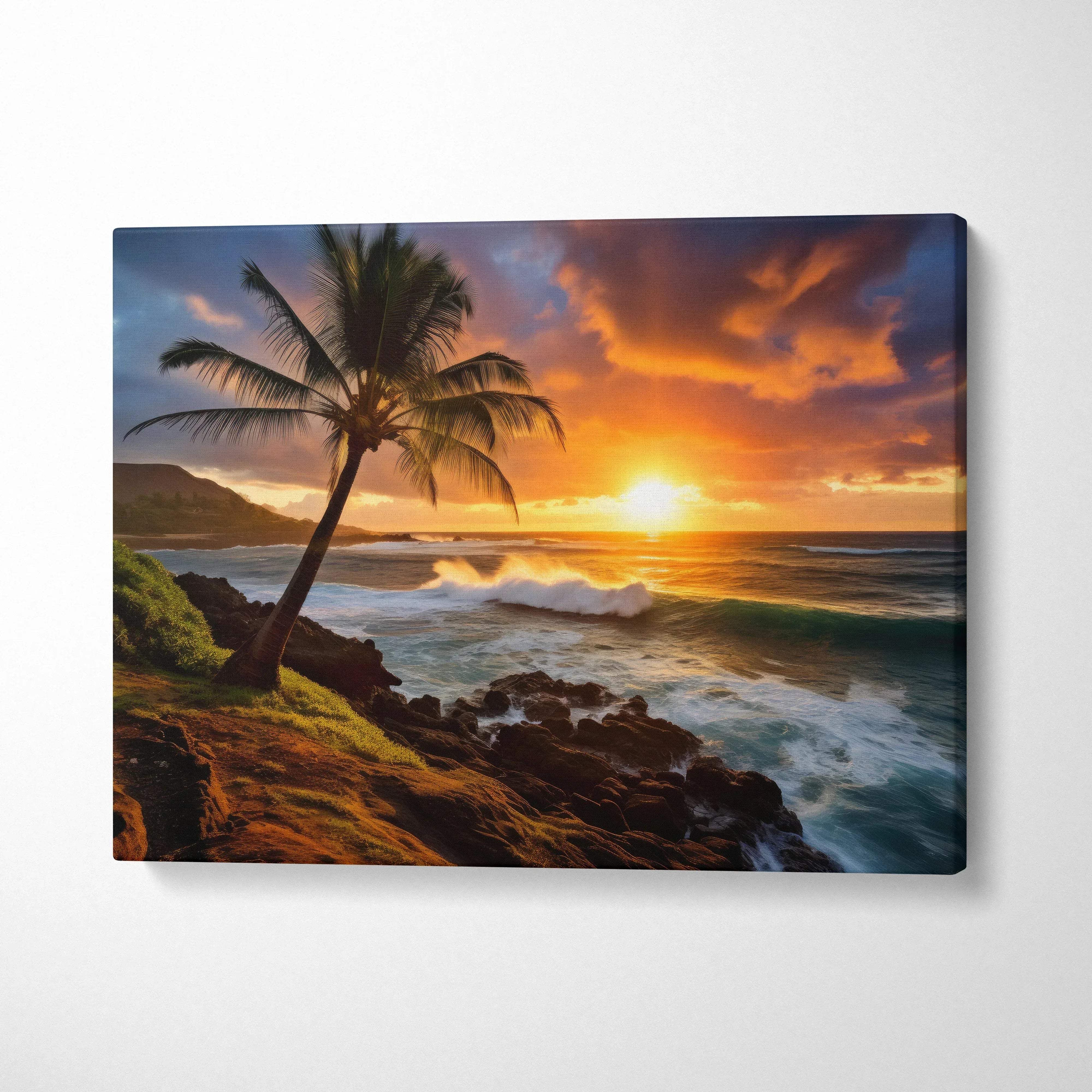 Vibrant sunset coast canvas print with silhouetted palm tree over crashing waves