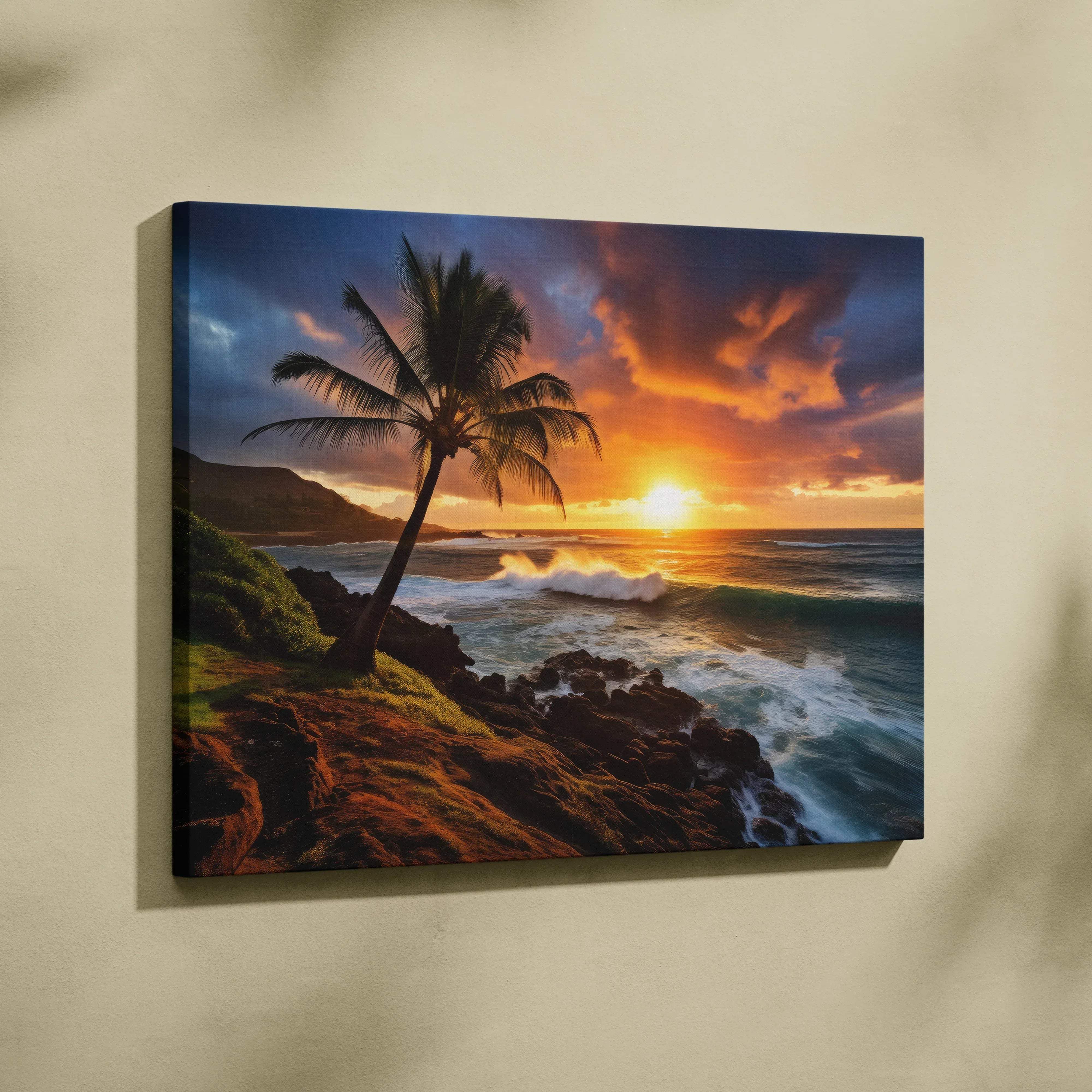 Vibrant sunset coast canvas print with silhouetted palm tree over crashing waves